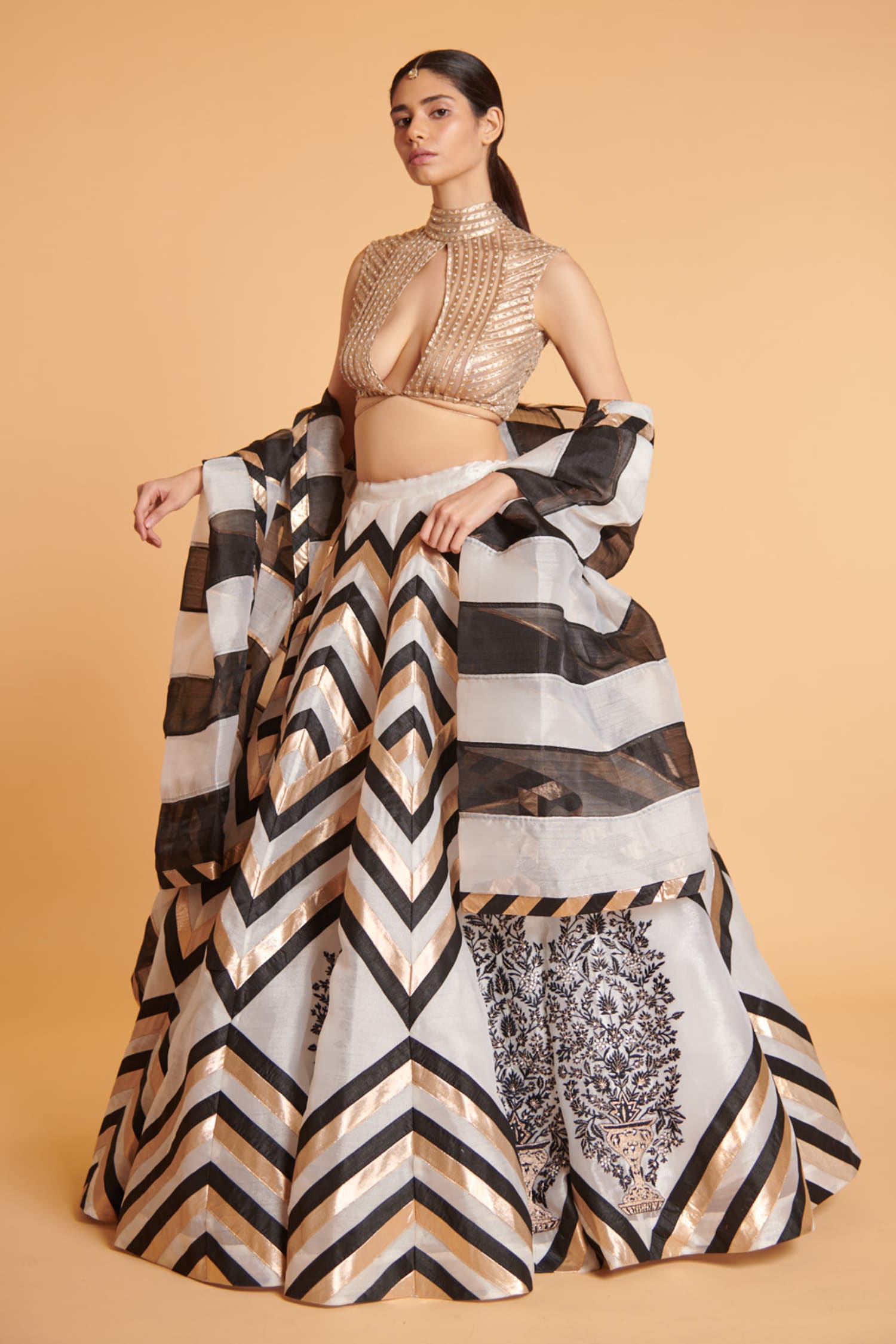 Buy Ivory Organza Woven Zari Stripe Round High Neck Chevron Lehenga Set ...