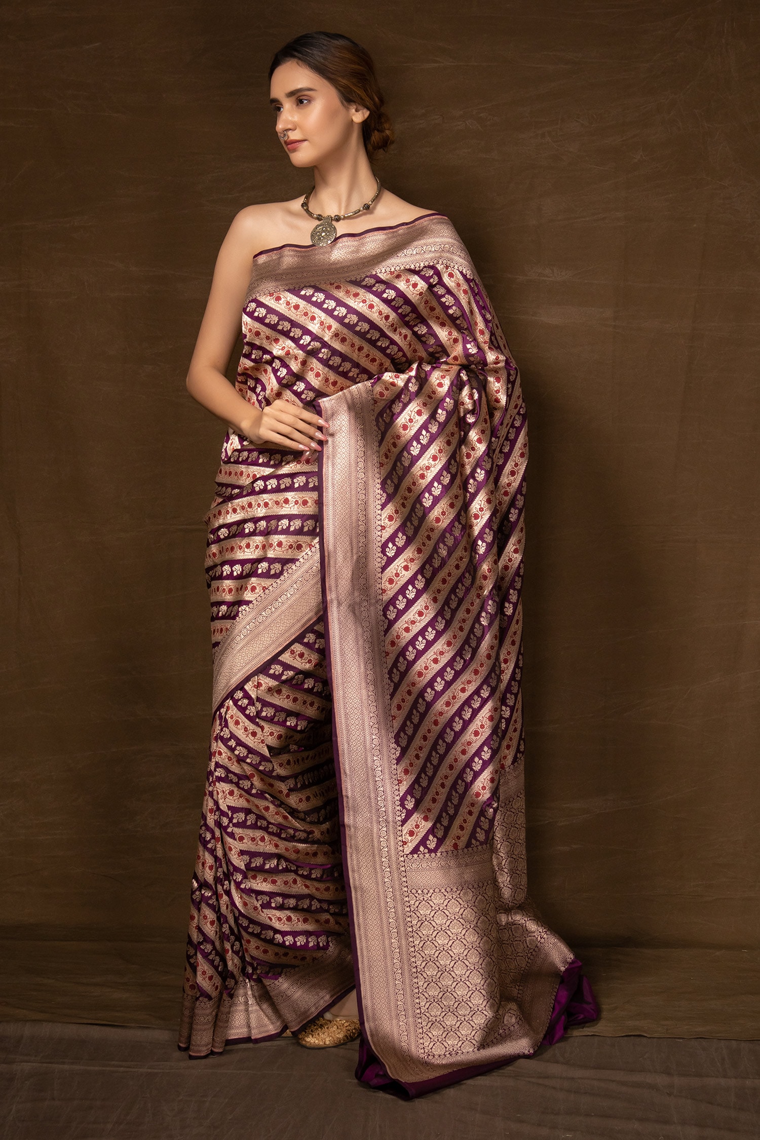 Striped Bloom Vine Woven Banarasi Silk Saree With Running Blouse