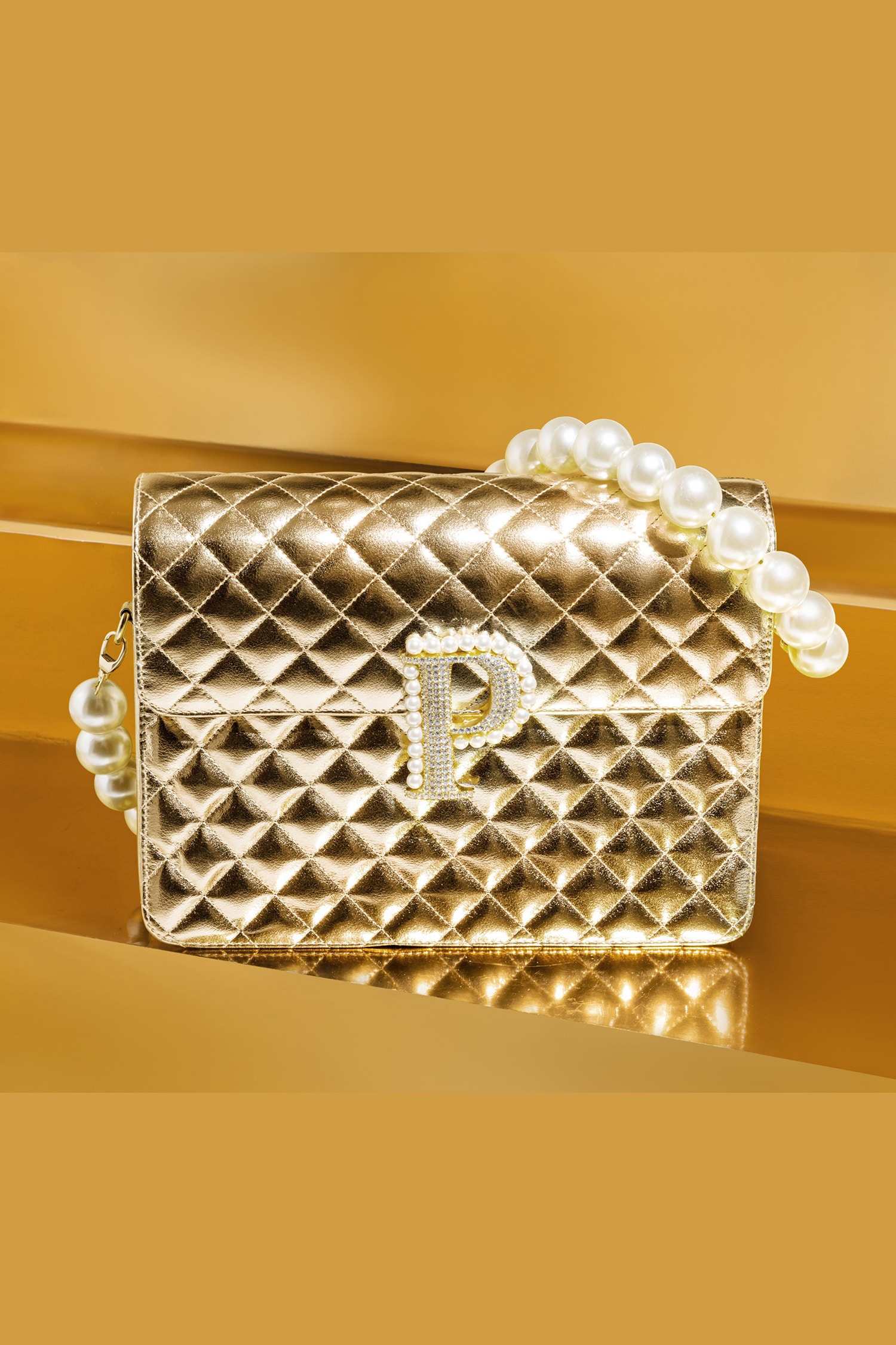 Buy Gold Embellished Personalized Metallic Quilted Bag by Prerto Online