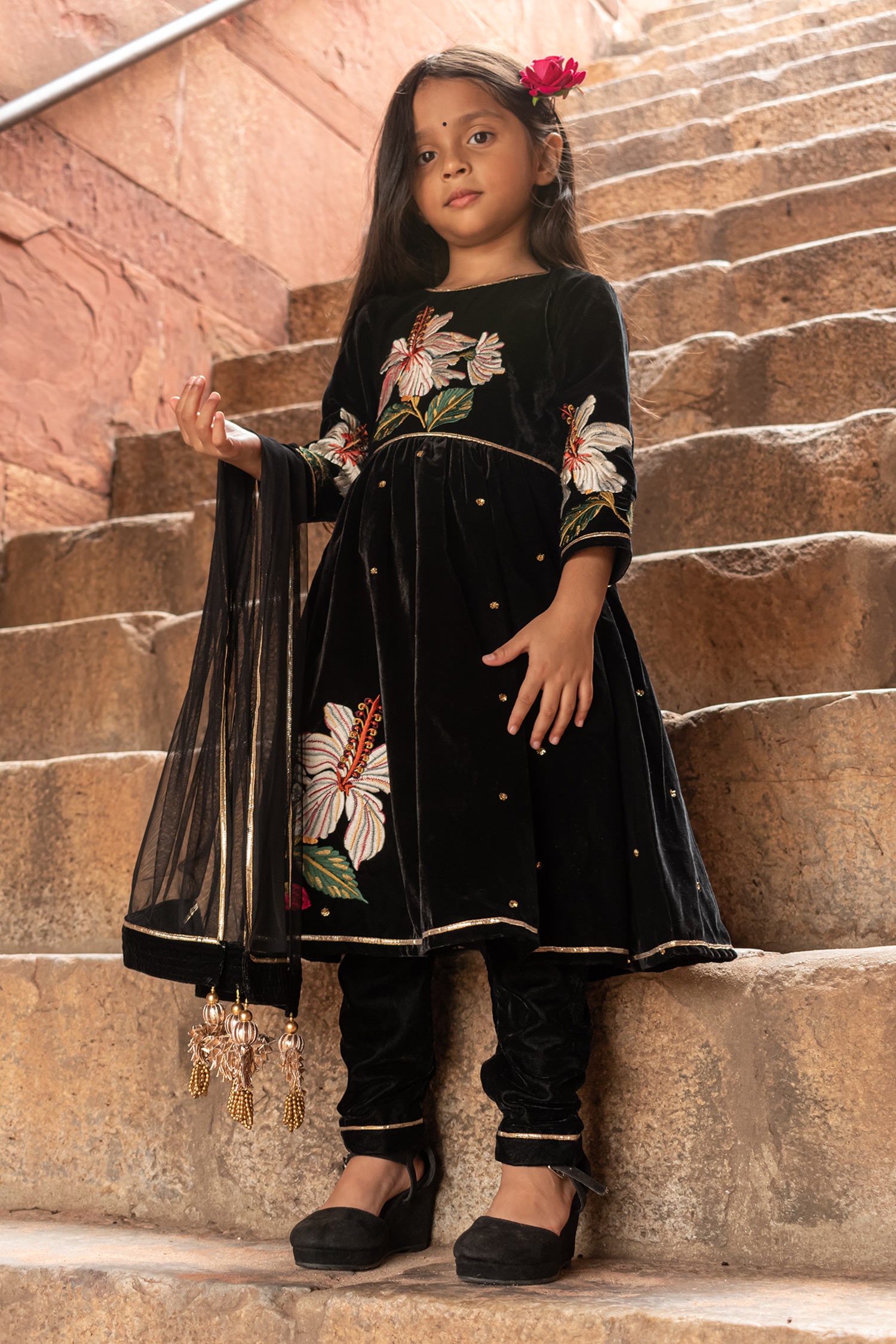 Floral Hand Work Velvet Anarkali Set 