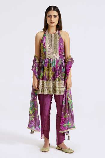 Gold & Purple Net Kurta with Dhoti Fusion Set - Rent main image 0