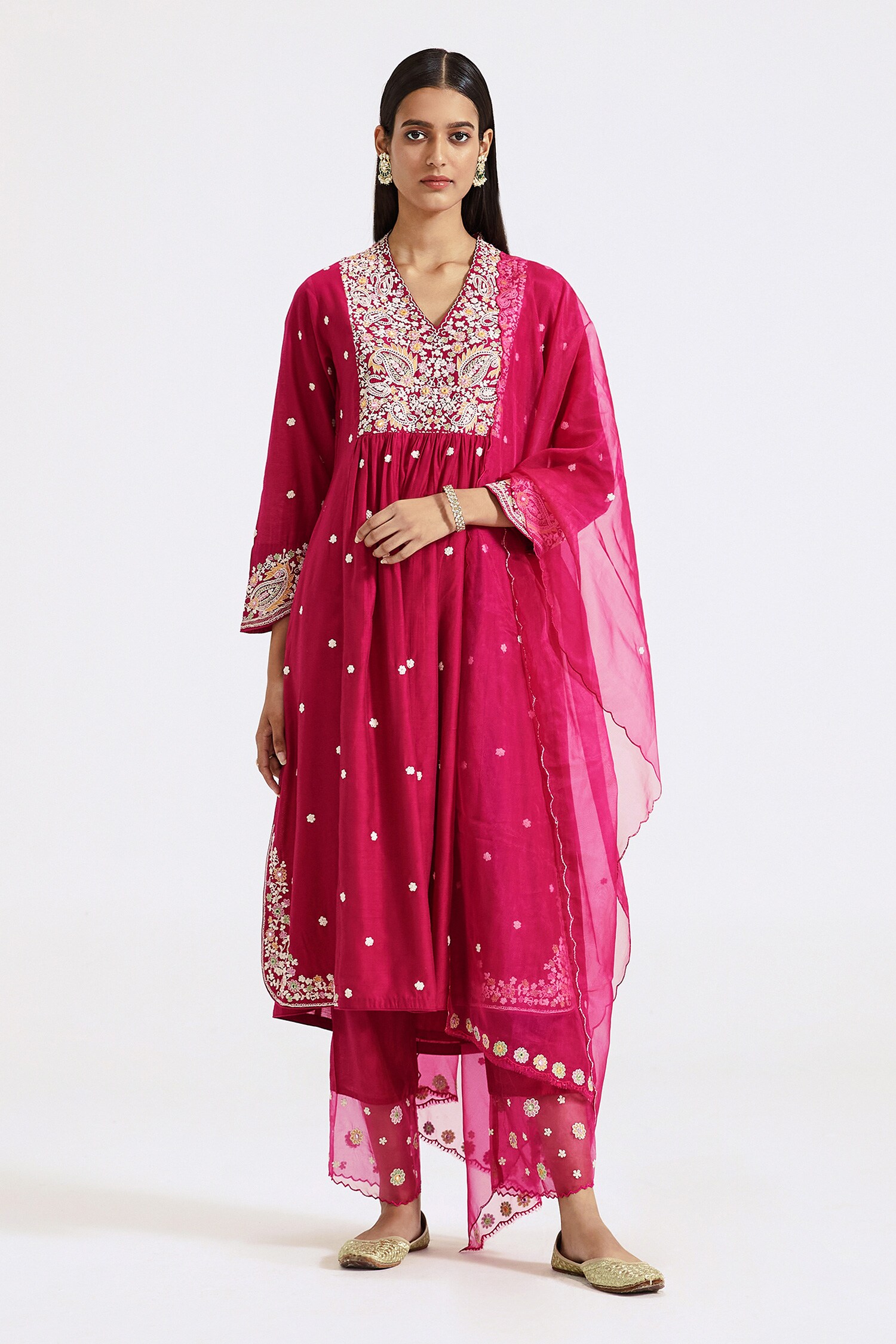 Buy Pink Chanderi Embroidery Thread V Neck Work Kurta Pant Set For ...