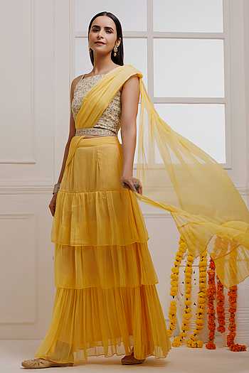 Yellow Ruffle Saree With Zardosi Blouse