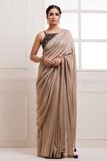 Warm Beige Draped Saree with Floral Embroidered Blouse