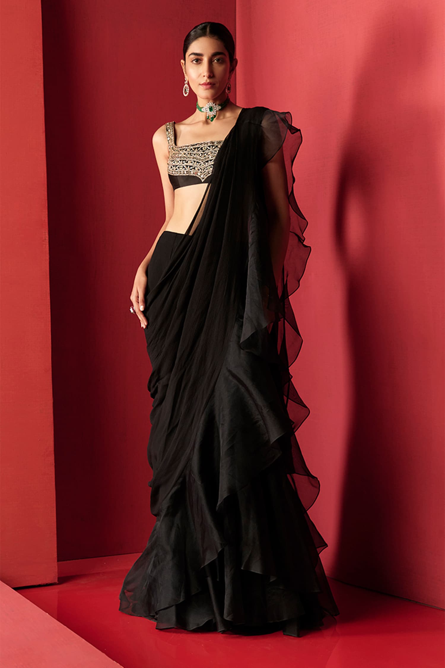 Black Ruffle Sari Set | Seema Thukral – KYNAH