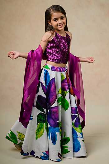 Floral Bloom Printed Top & Pleated Lehenga Set for Girls main image 1