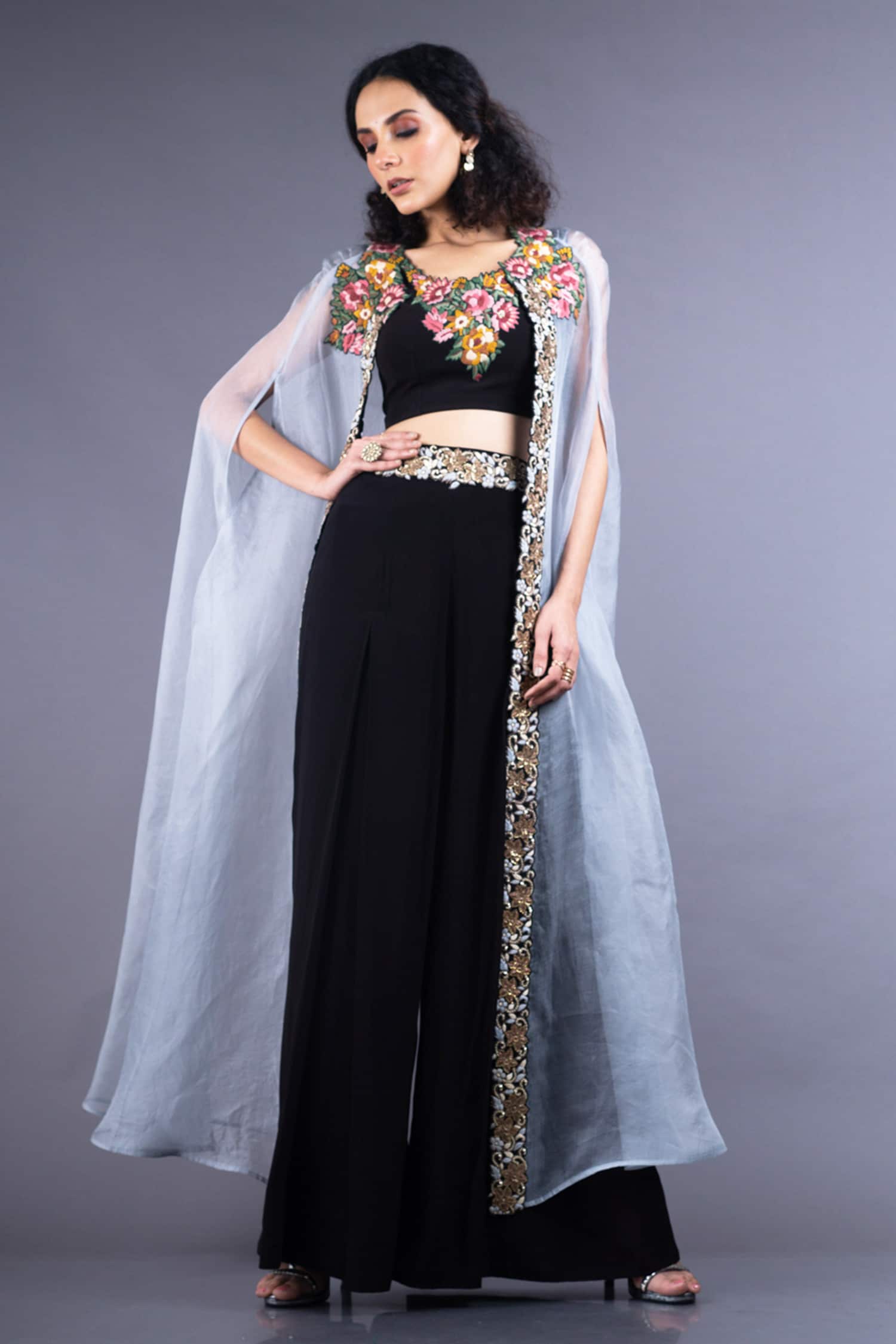 Buy Black Organza Round Cape And Pant Set For Women by Nupur Kanoi ...