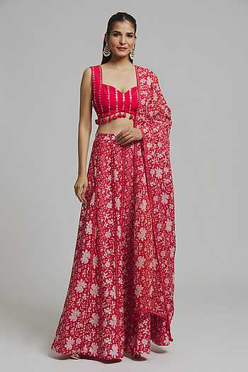 Buy Red Cotton Silk Rafflesia Bloom Print Sweetheart Lehenga Blouse Set ...