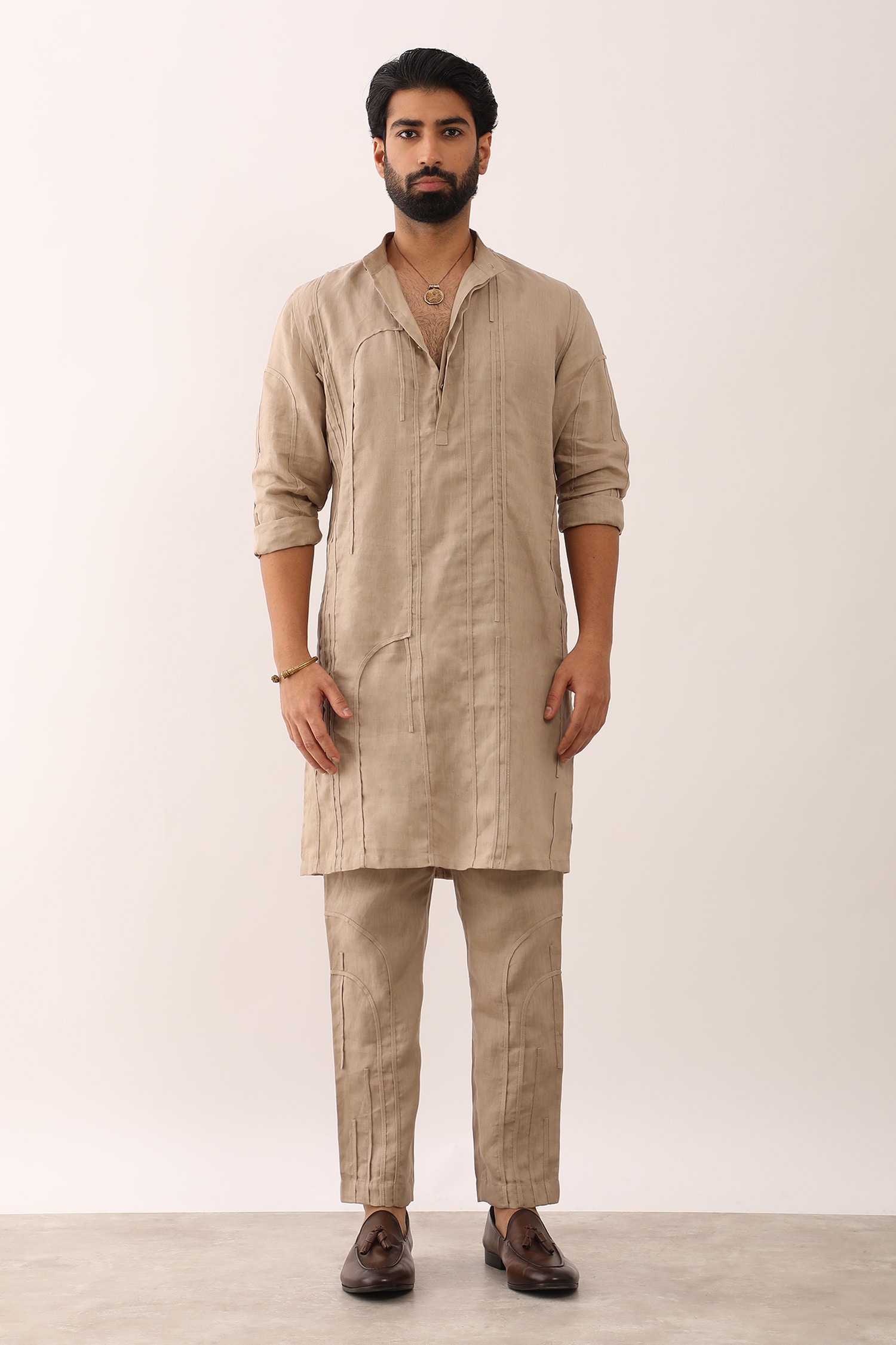 Buy Beige 100% Linen Plain Zeshan Textured Kurta For Men by Son of A ...