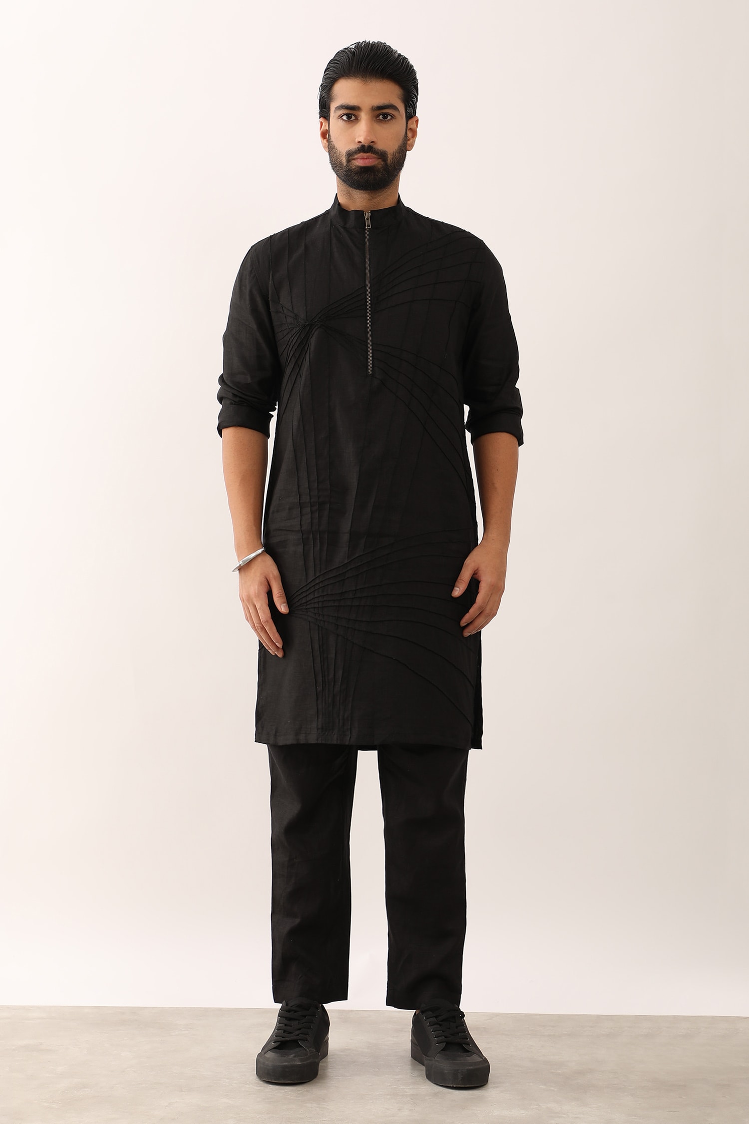 Buy Black 100% Linen Manav Pintucked Kurta And Trouser Set For Men by ...