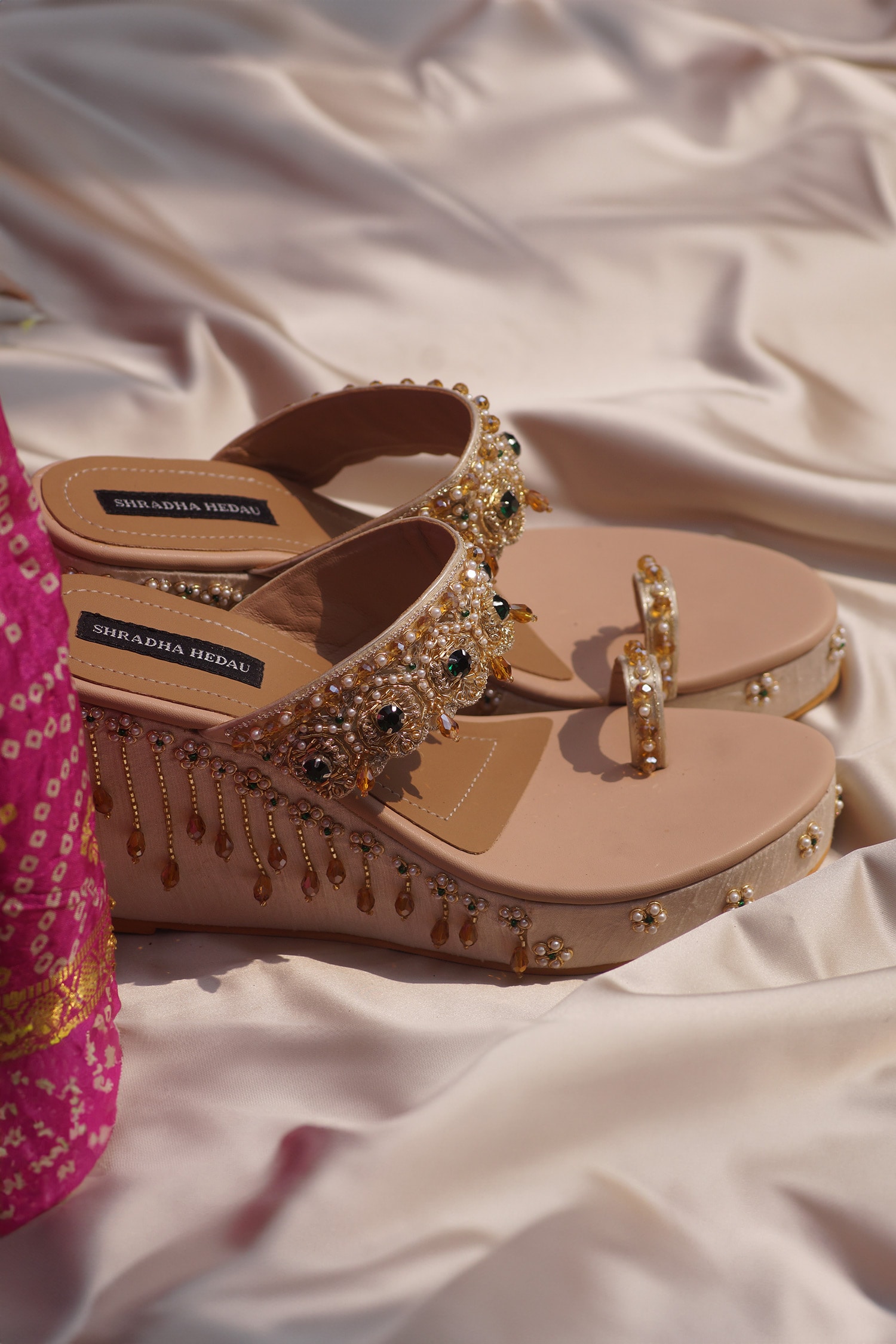 Buy Pink Embroidered Liliana Floral Wedges by Shradha Hedau Footwear