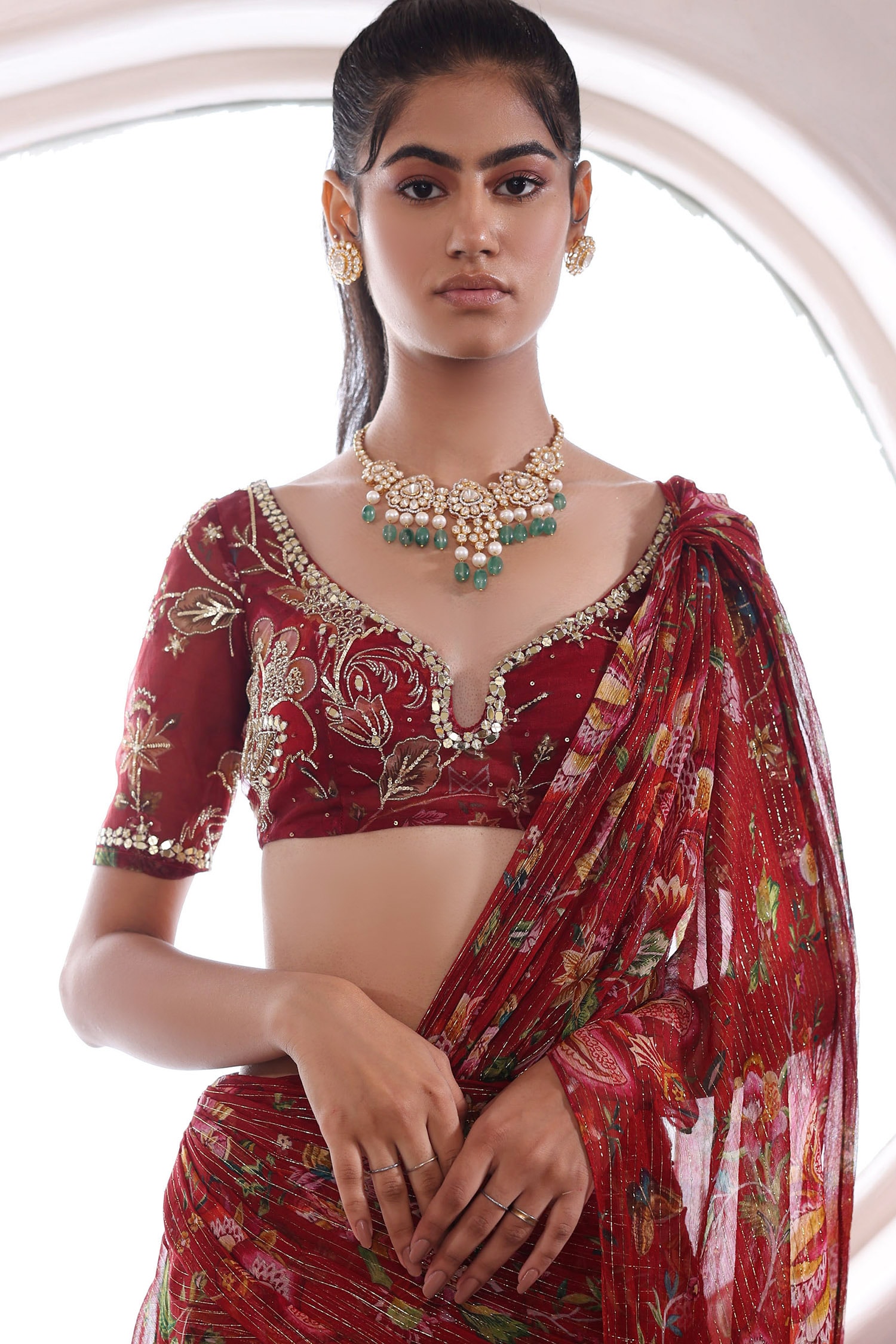 Buy Rose Red Designer Saree With Embroidered Blouse Online