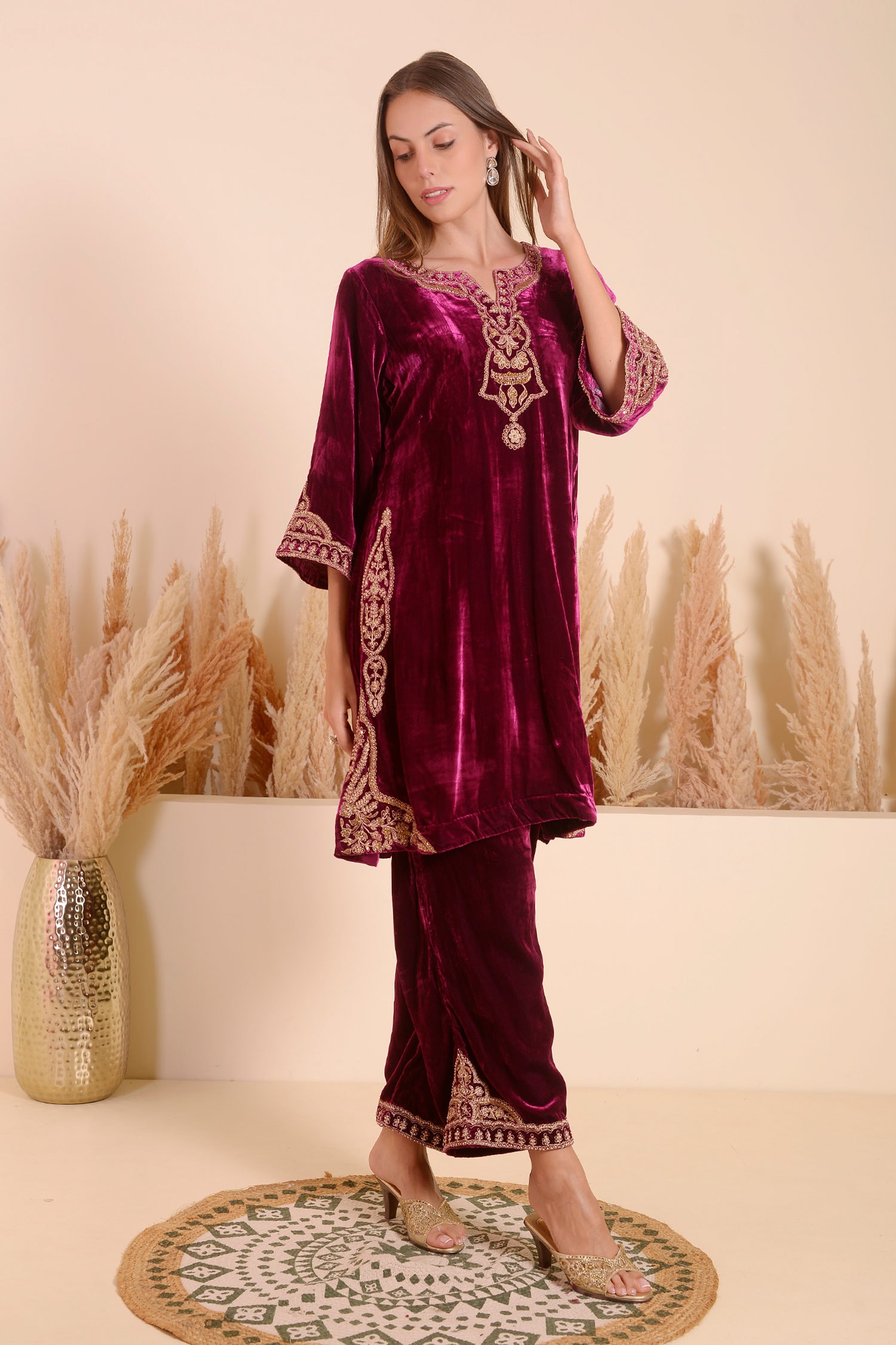 Buy Wine Velvet Damask Bloom Embroidery Notched V Encrusted Kurta With