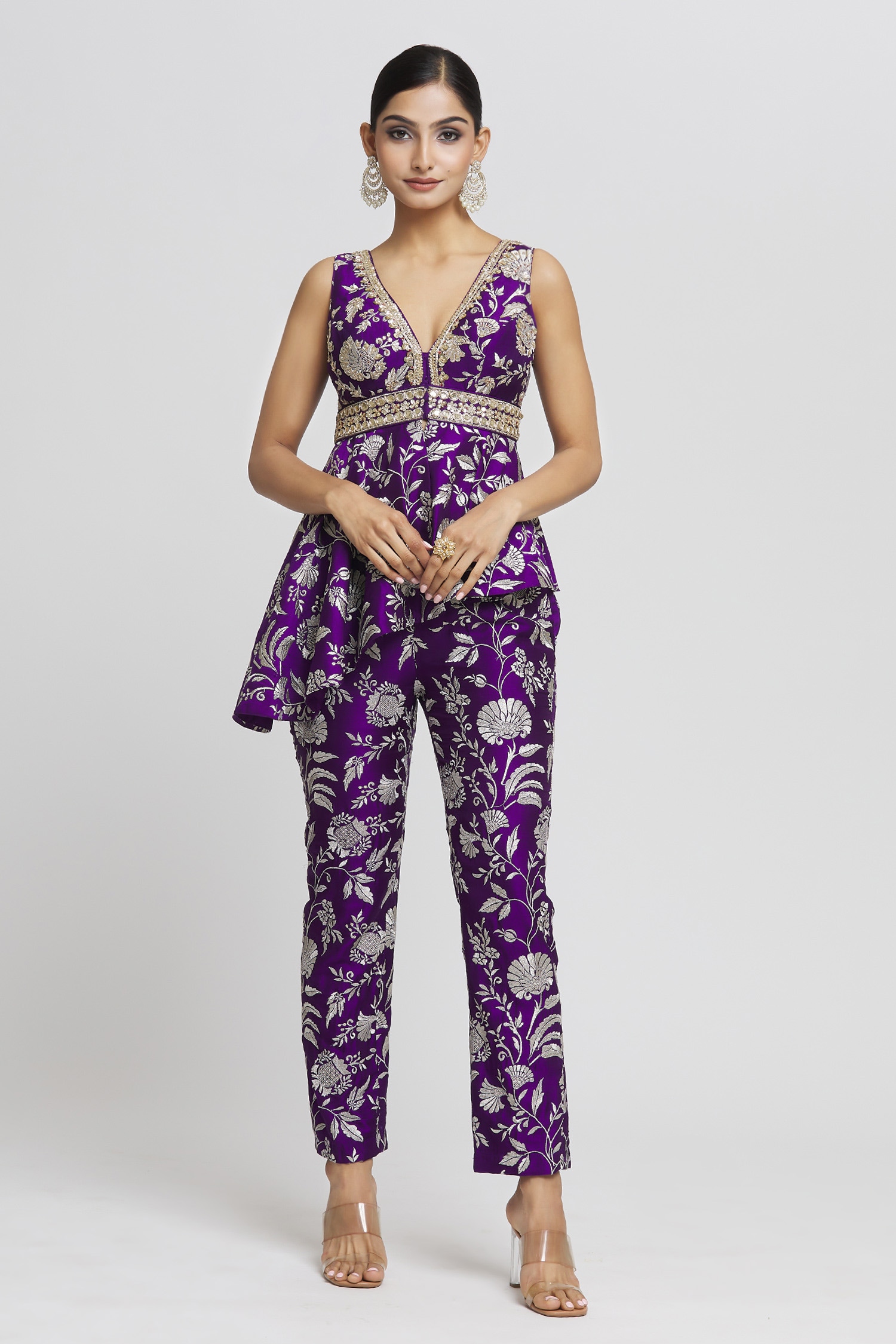 Buy Purple Tussar Woven Floral Adveta Pattern Peplum Top And Pant Set For Women By Gopi Vaid