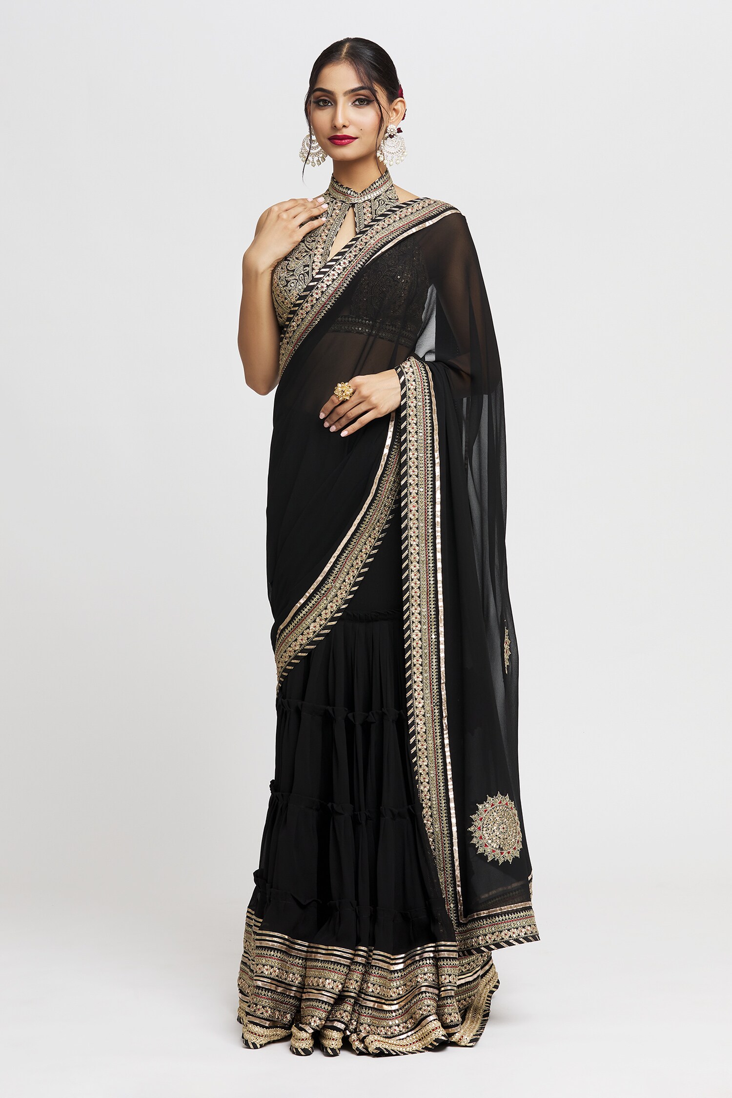 Buy Black Lehenga Saree: Chiffon Anupa Border Stitched With Blouse For ...