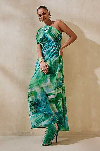 Buy Green Chiffon Abstract One Shoulder Nada Pattern Kaftan For Women ...
