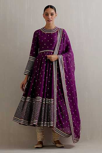 Buy Purple Anarkali Chanderi Embroidery Sequin Round Work Set For Women ...