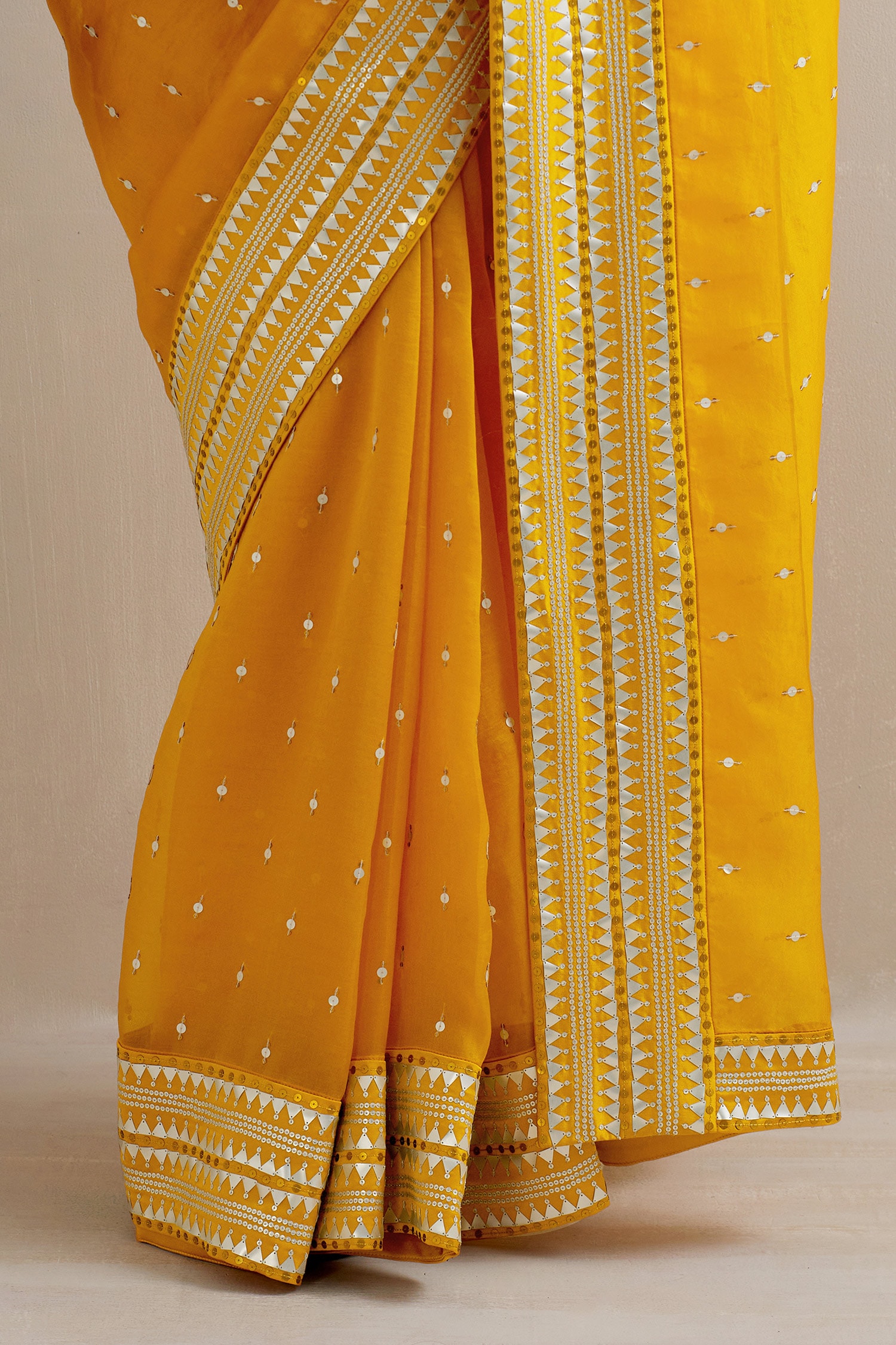 Party Wear Pleated Saree In Yellow Foil Work Silk With Blous