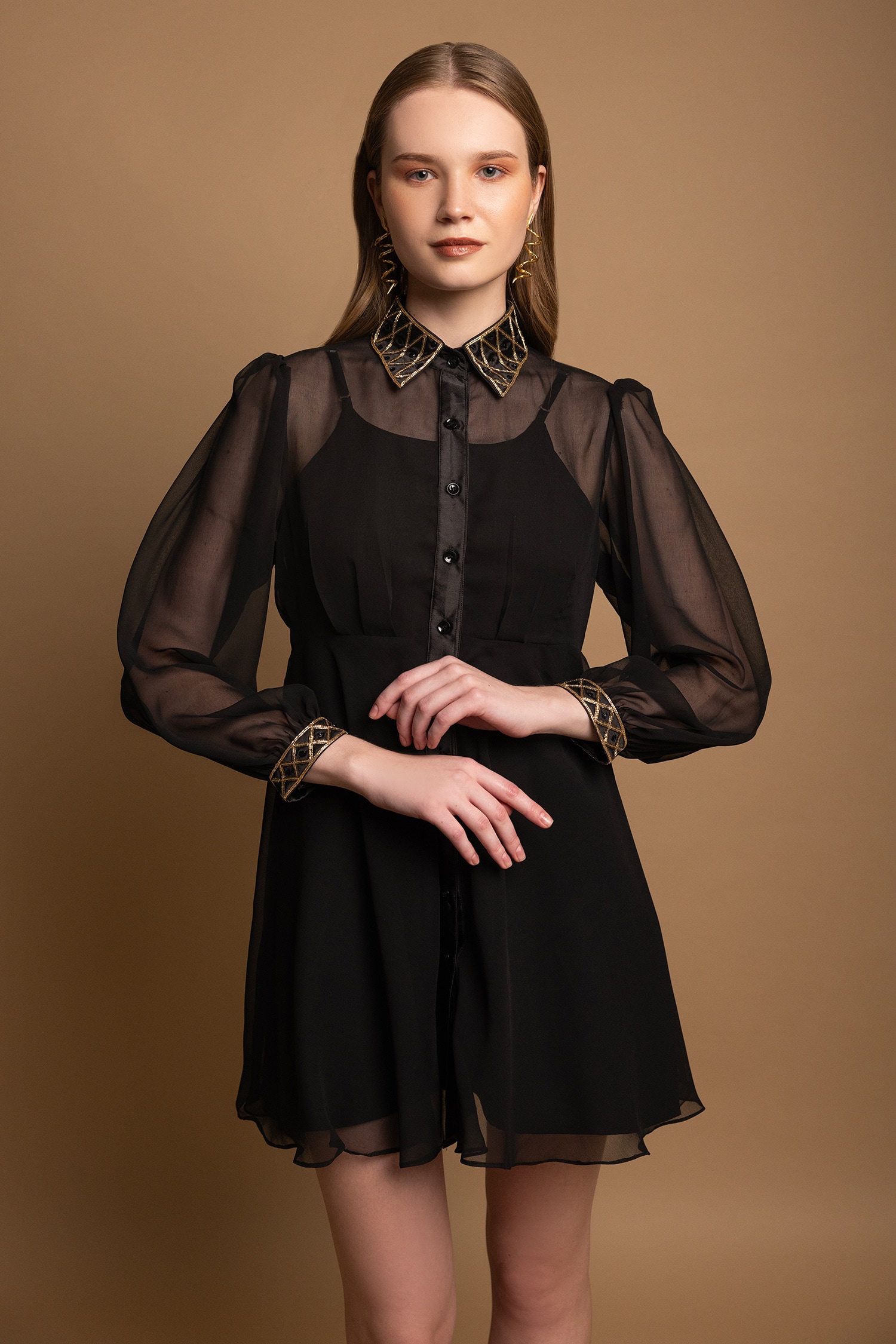 Buy Black 100 Silk Embroidered Cutdana Collar Dress For