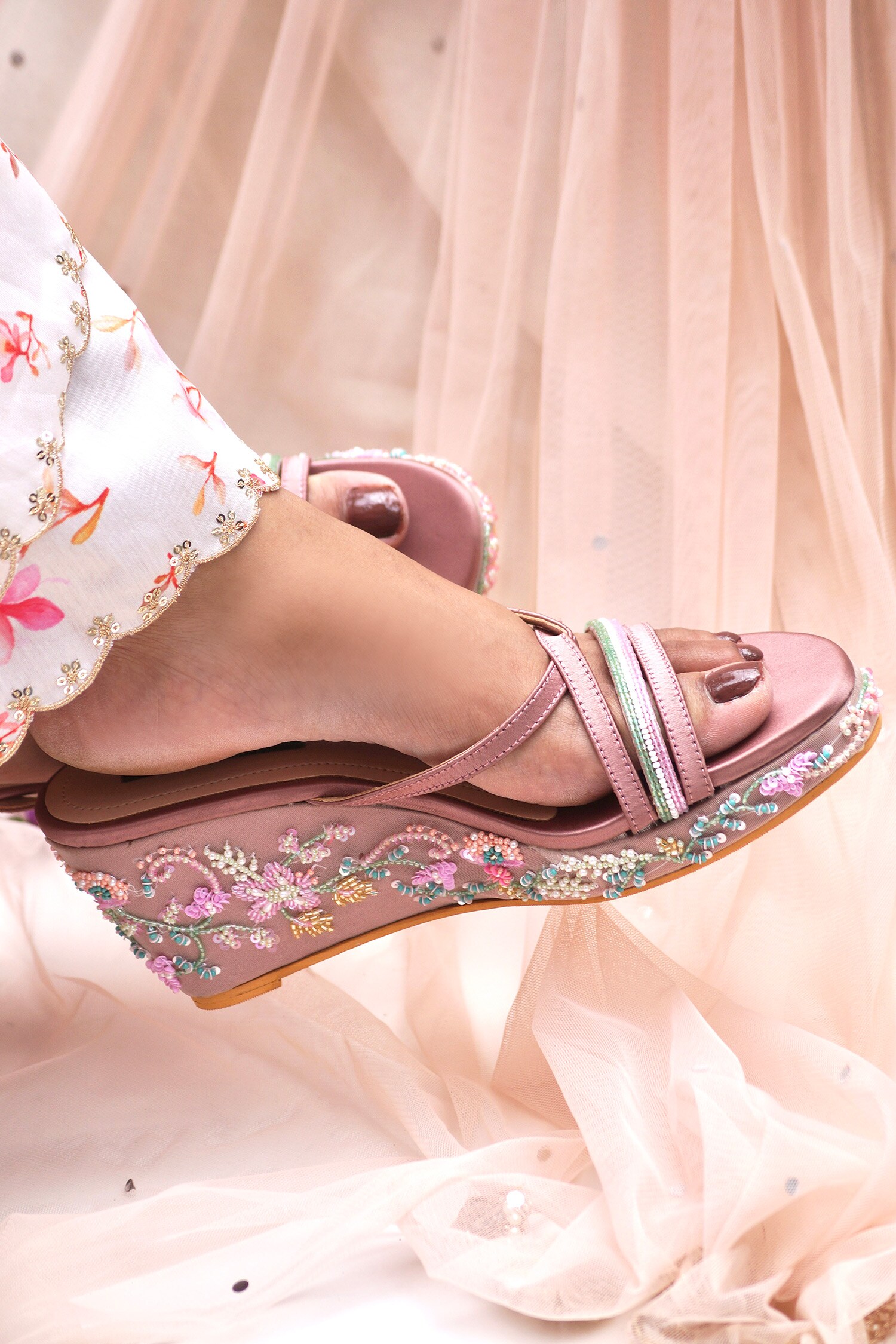Buy Purple Embroidery Kashvi Floral Wedges by Shradha Hedau Footwear