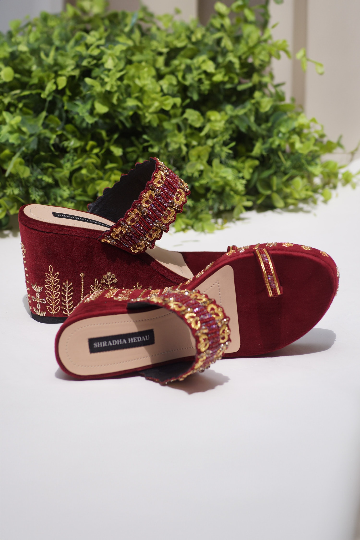 Buy Maroon Embroidery Sayeja Cutdana Wedges by Shradha Hedau Footwear