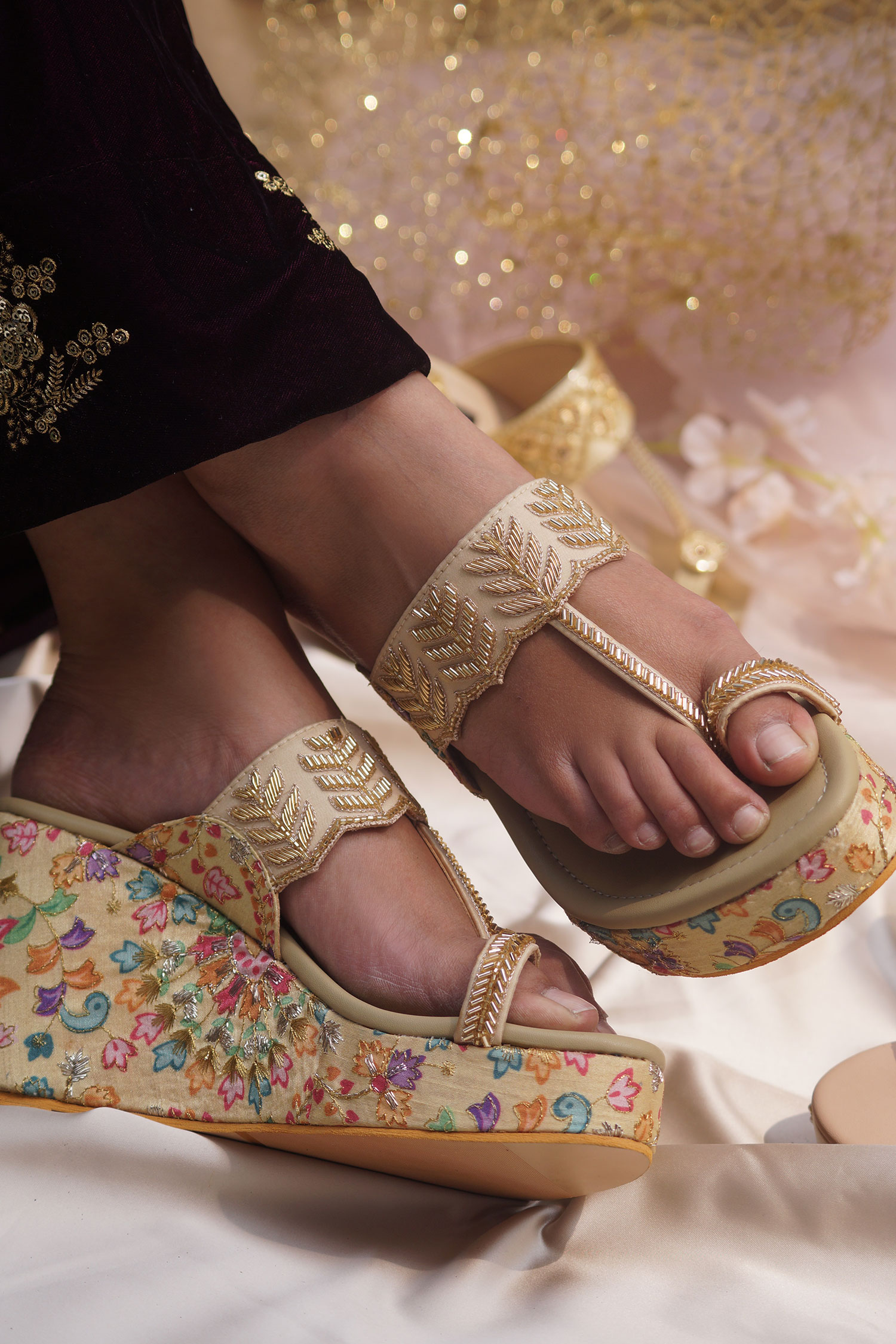 Buy Multi Color Printed Henna Floral Wedges by Shradha Hedau Footwear