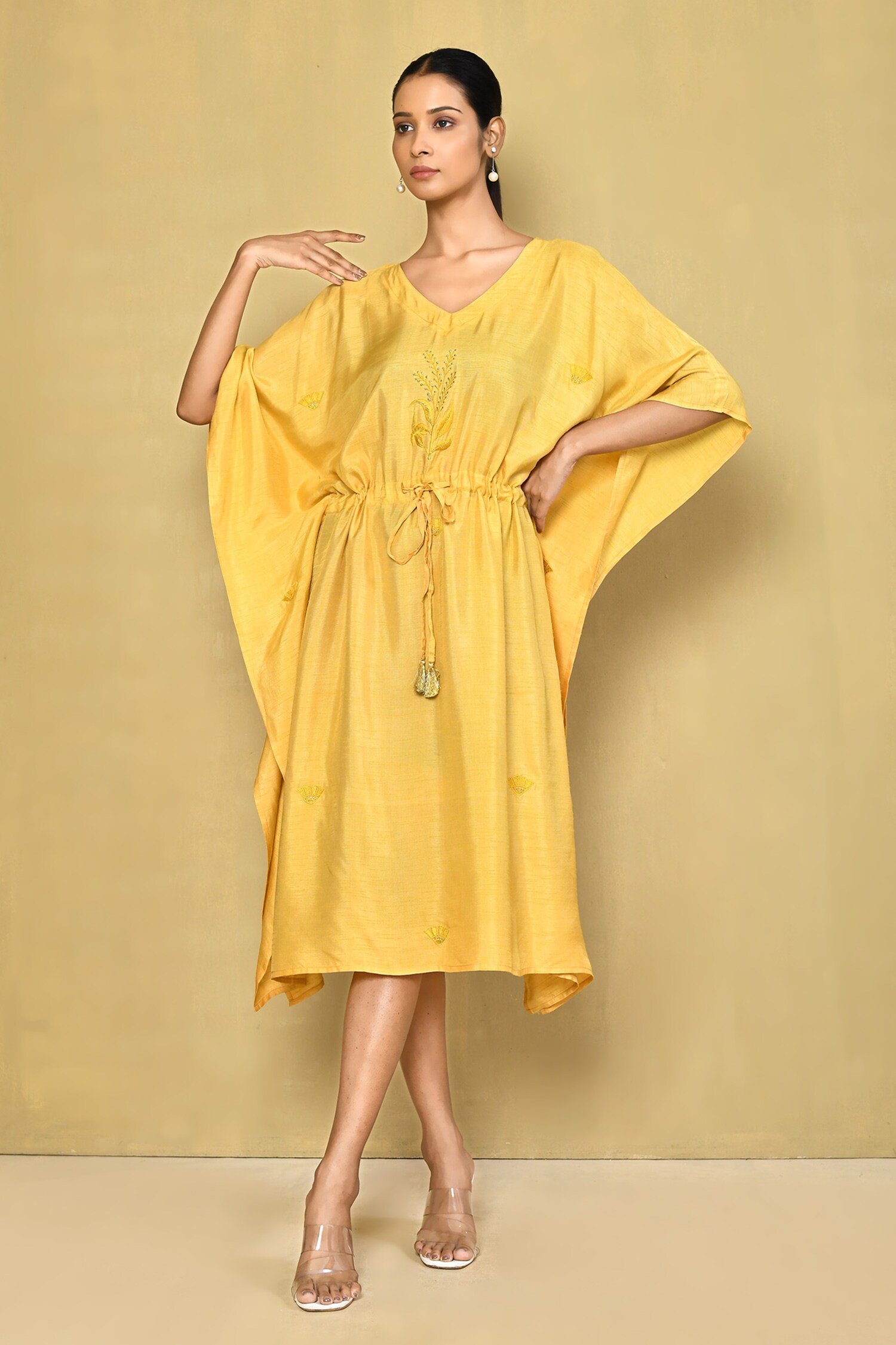Buy Yellow Dola Silk Embroidery Thread V Neck Floral Placement Kaftan