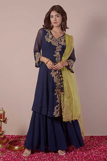 Girls Blue Pink Floral Printed Angrakha Kurta with Sharara