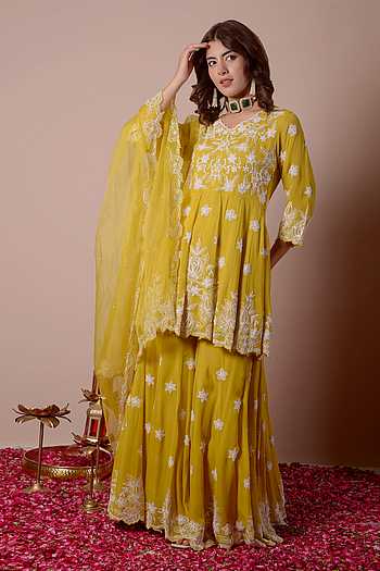 Yellow Chanderi Silk Gota Embroidered Gharara Set