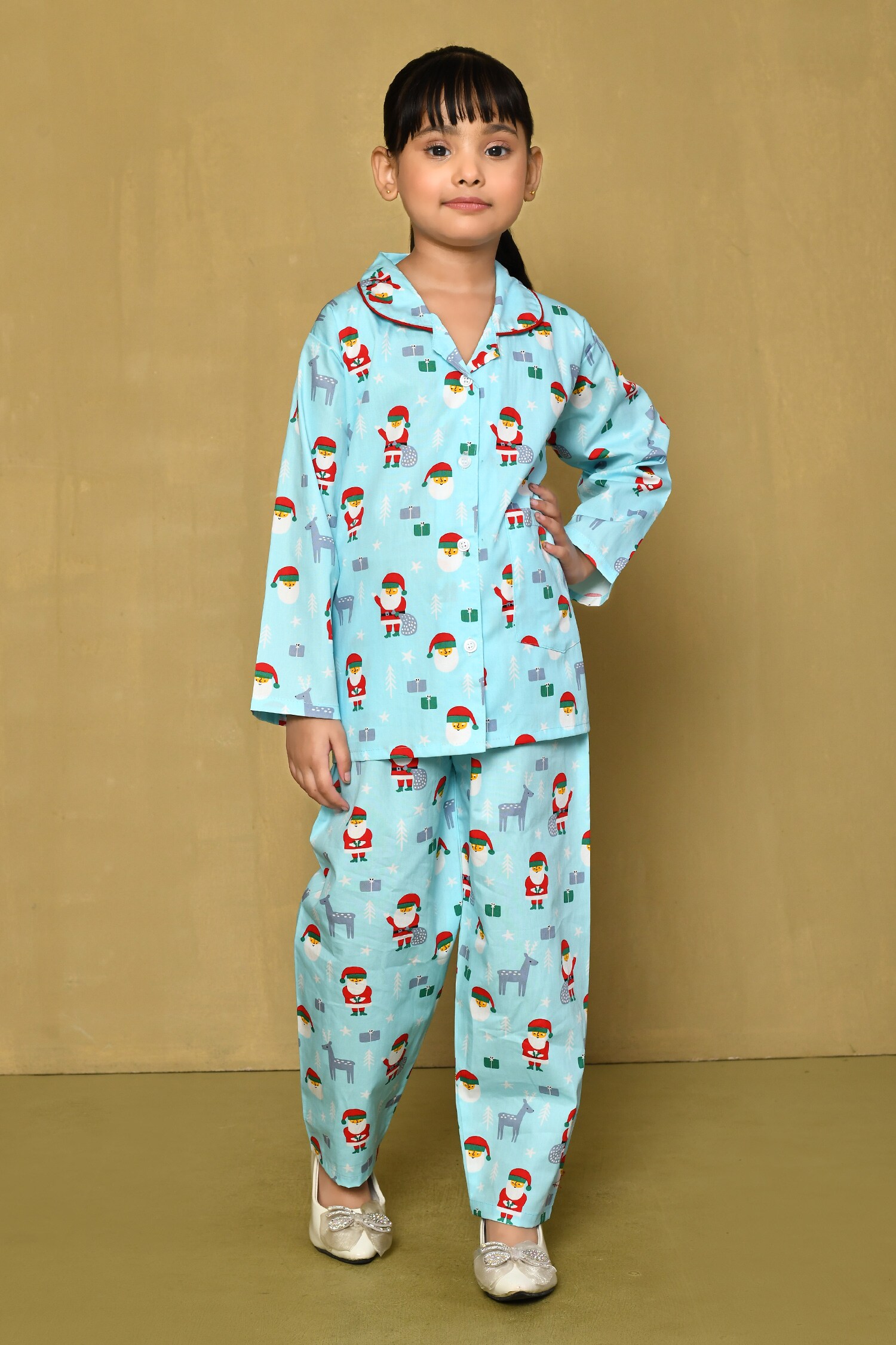 Buy Blue Cotton Santa Print Full Sleeve Night Suit For Girls by Banana