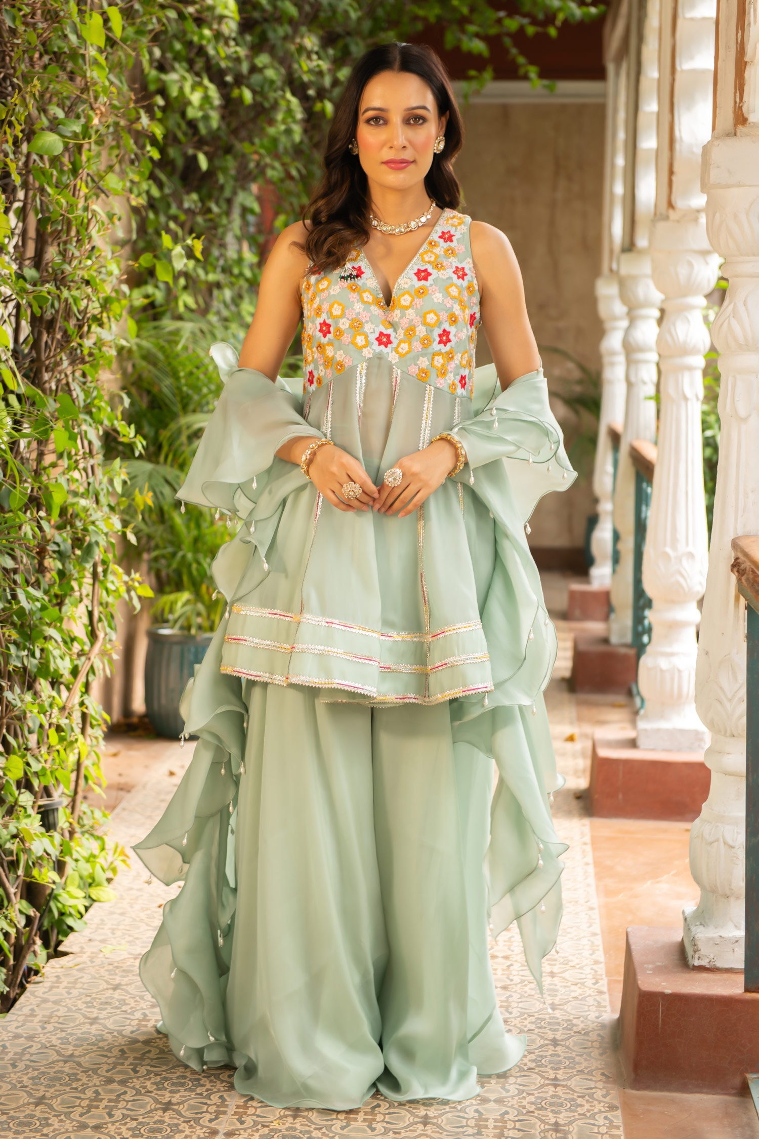 Buy Green Organza Embroidery Floral V Koyal Peplum Kurta Sharara Set ...