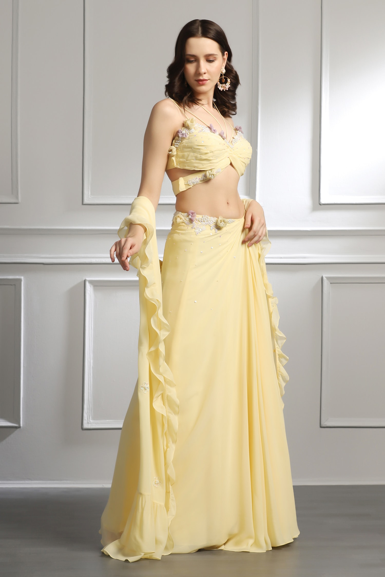 Buy Yellow Crepe Floral Pattern Straight Anna Bandeau Corset And Skirt Set  For Women by July Issue Online at Aza Fashions.