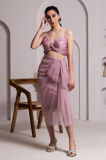 Purple organza cut work embroidered blouse & drape paired with satin organza layered skirt main image 1