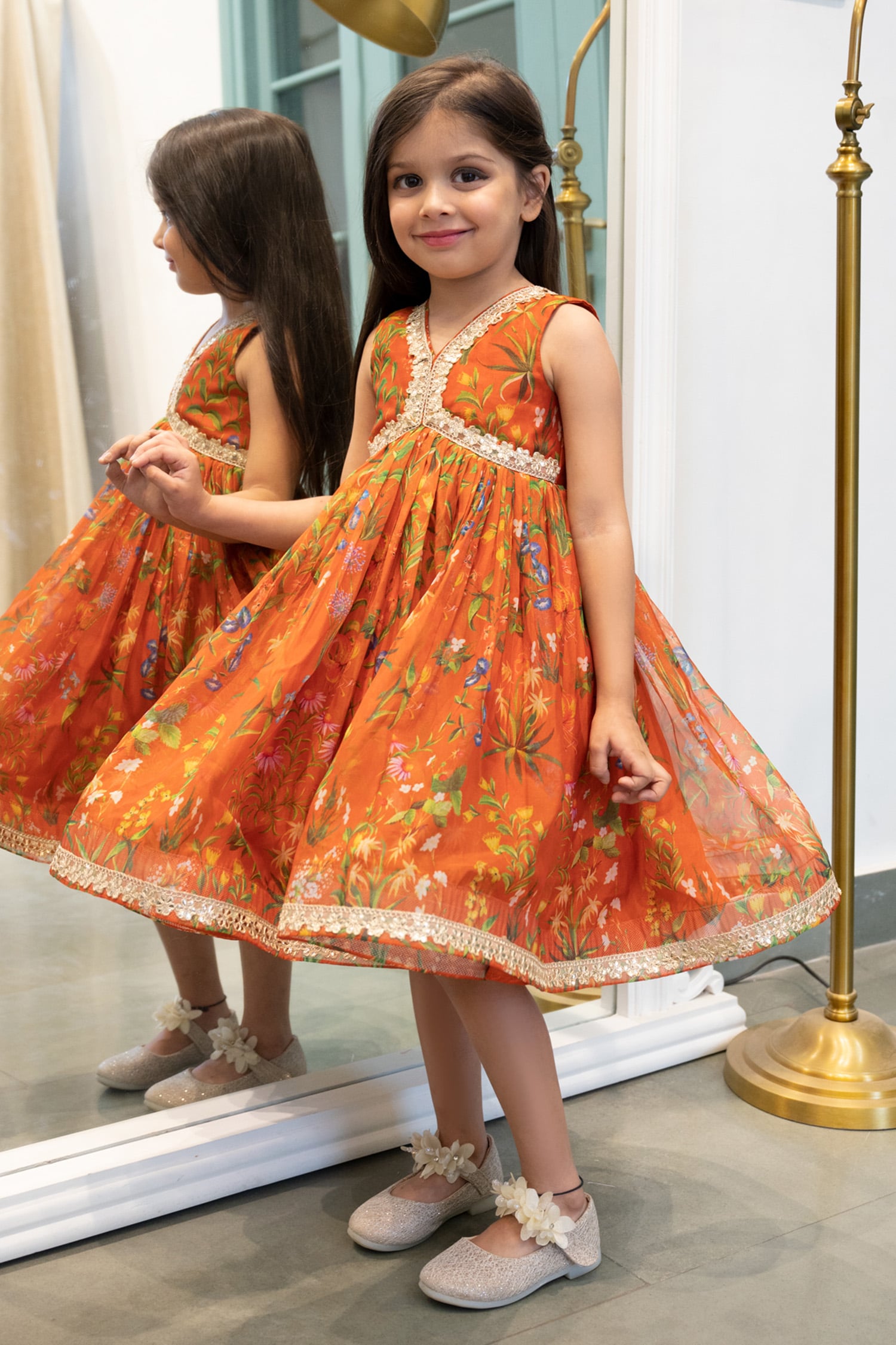 JANYAS CLOSET - Orange Organza Printed And Embroidered Floral & Gota  Pleated Dress For Girls