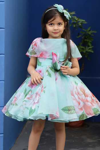 Campana Girls Janet Frilly Dress - Floral Bloom Print - Green & Multicolour