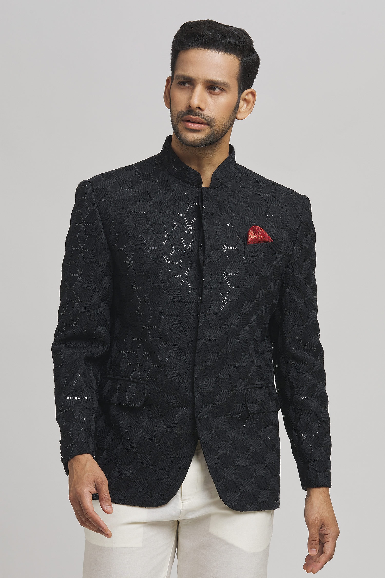 Buy Black Cotton Embroidery Sequins Shahi Full Sleeve Bandhgala For Men ...