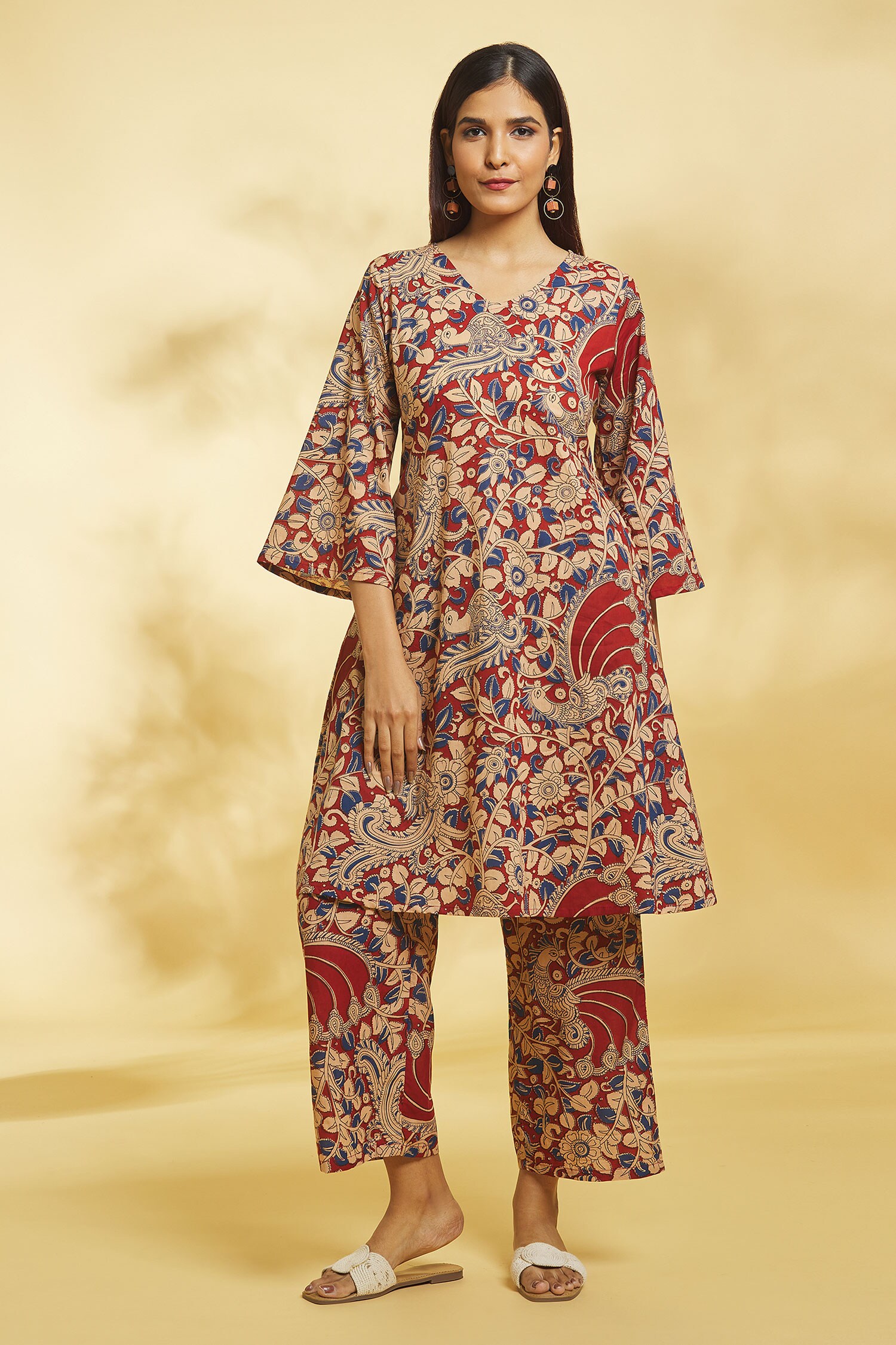 Buy Red Cotton V Neck Kalamkari Flared Kurta For Women By Naintara