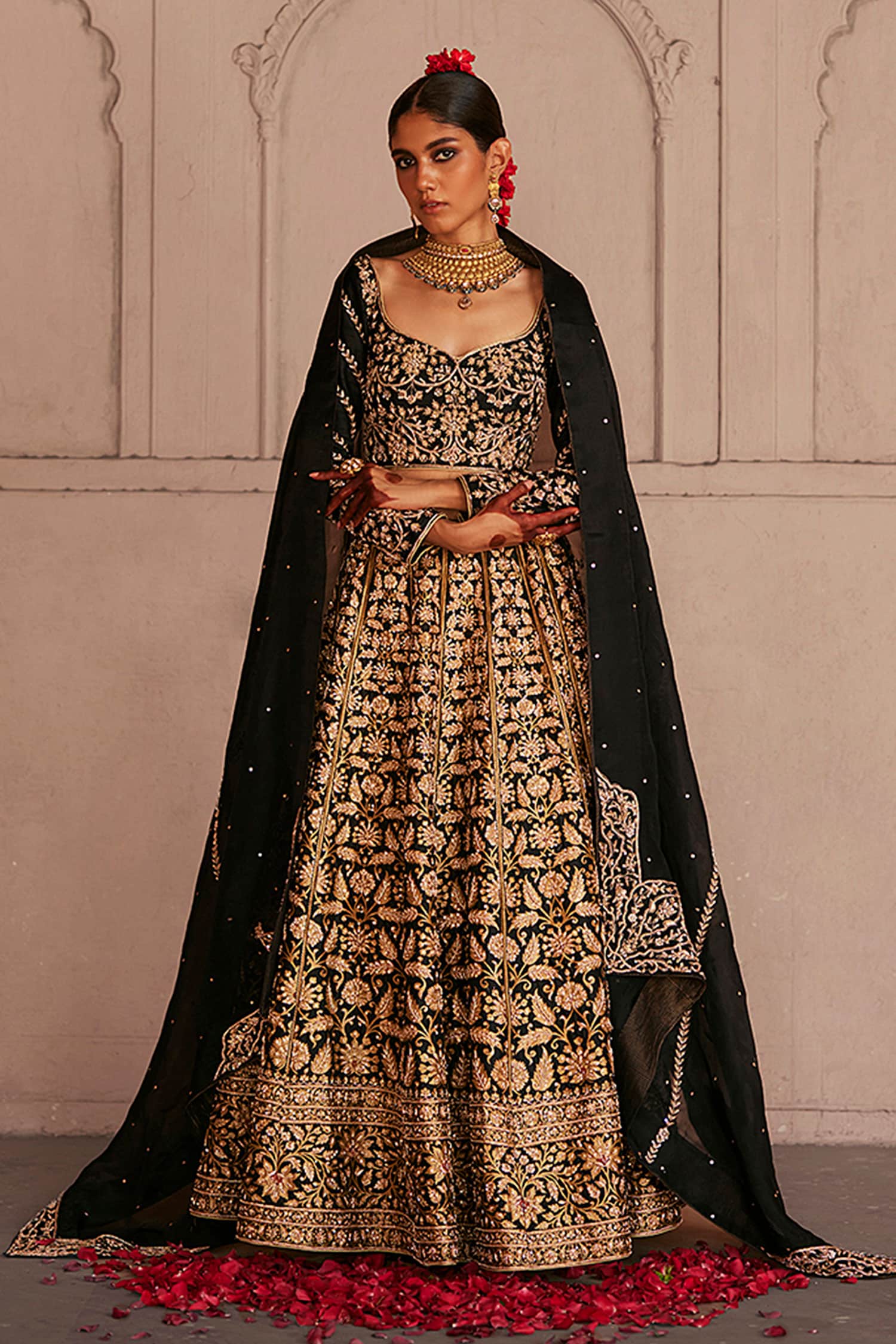 Buy Black Lehenga Katan Silk Embroidery Persian Florid Blouse Set For Women  by Weaver Story Online at Aza Fashions.