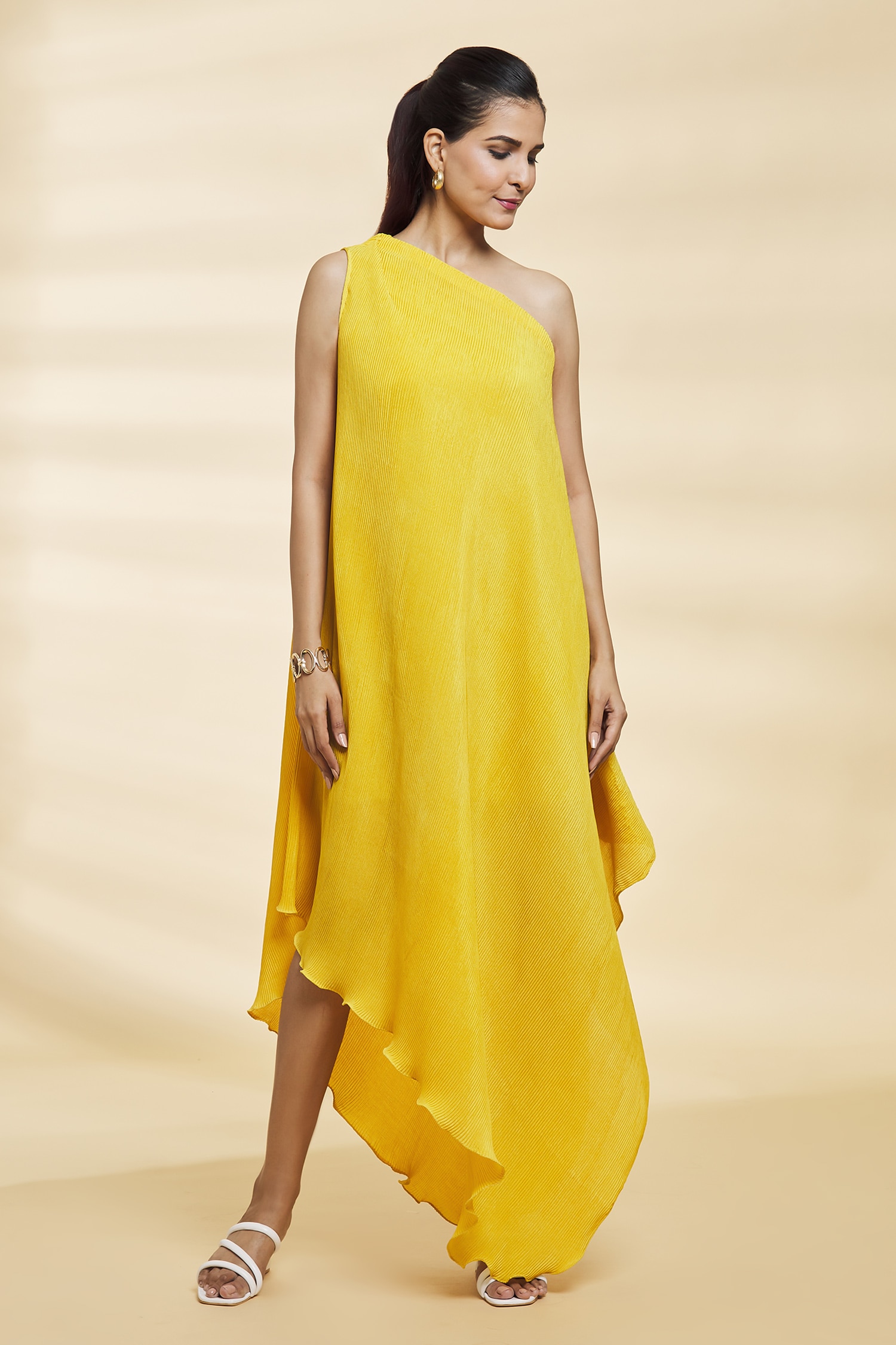 Buy Yellow Chinon Plain Asymmetric Neck Tiana One Shoulder Dress For Women  by Naintara Bajaj Online at Aza Fashions.