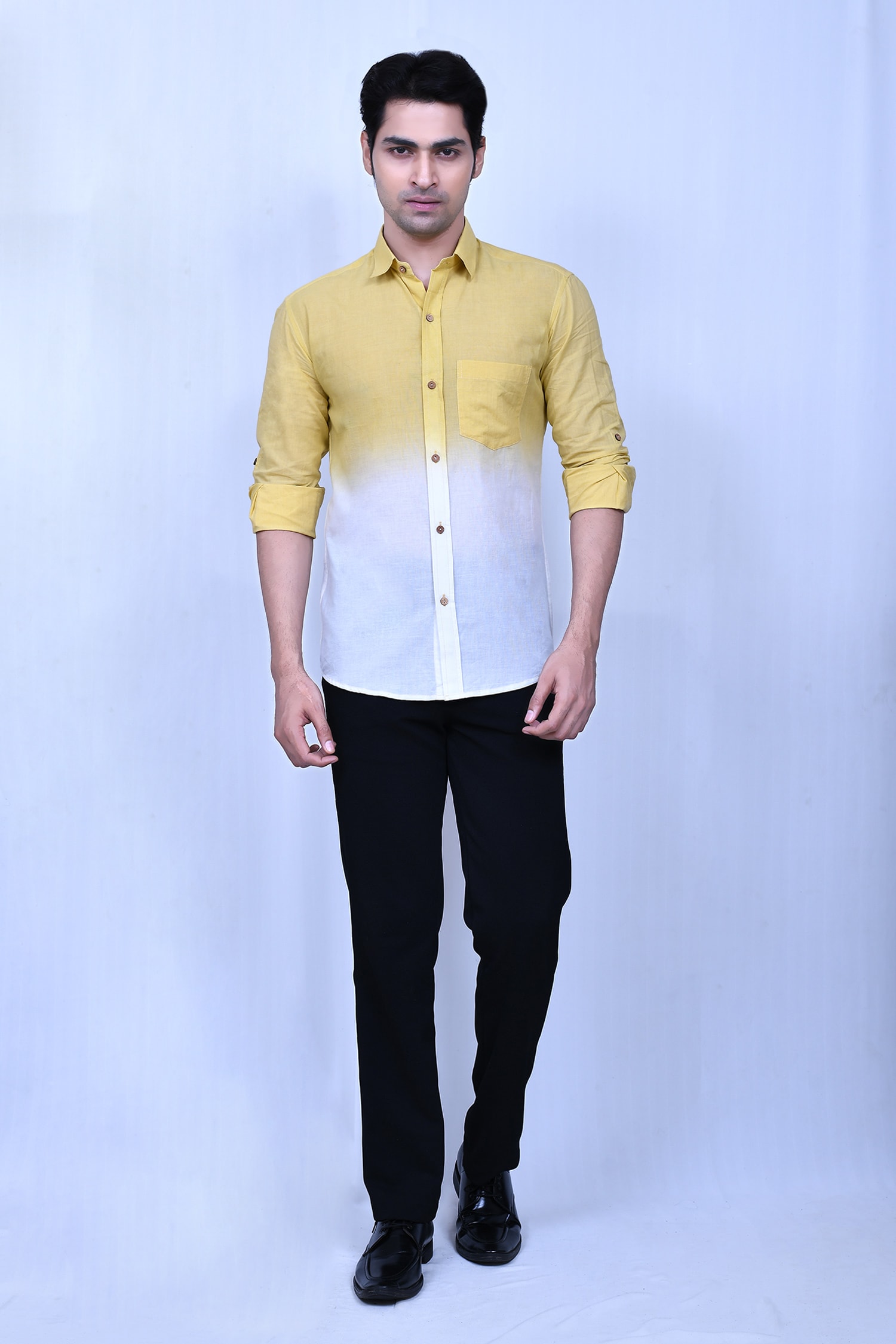 Buy Yellow Cotton Plain Full Sleeve Ombre Shirt For Men by Naintara ...