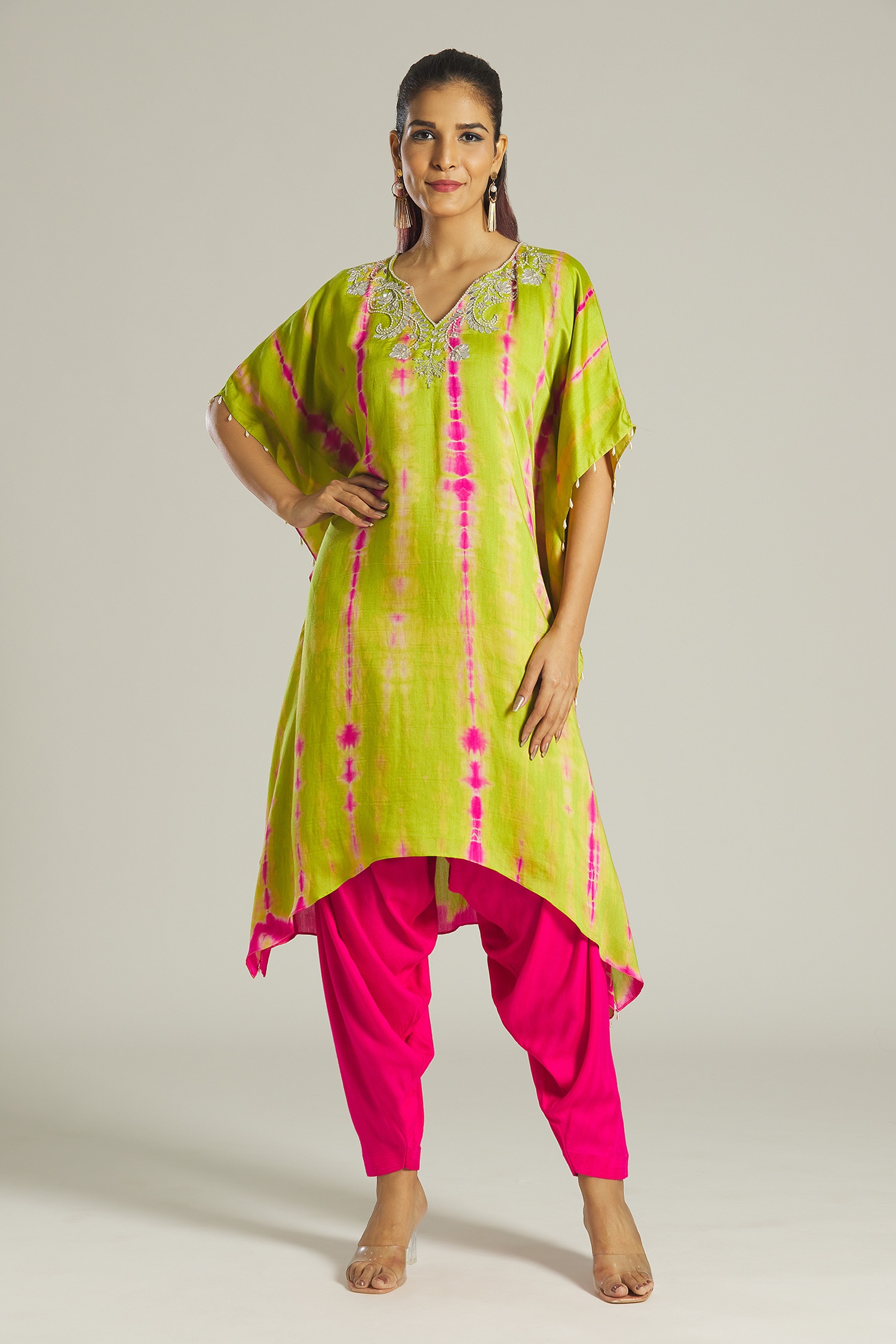 Buy Green Kurta: Chanderi Tie-dyed And Yoke Kaftan & Dhoti Pant Set For ...