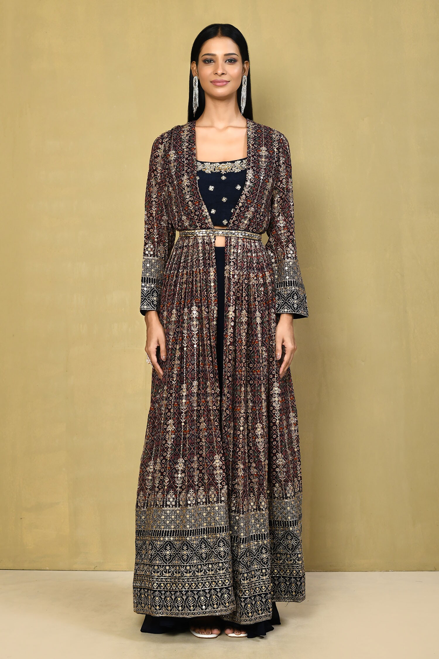 Buy Blue Embroidered Zari Square Neck Jacket Palazzo Set For Women by Samyukta