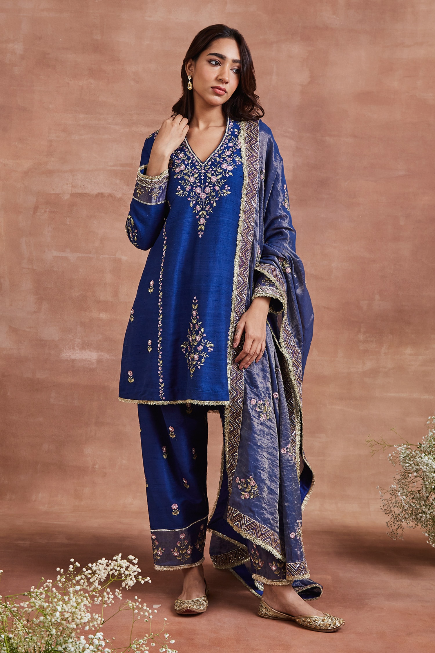 Buy Blue Handwoven Raw Silk Embroidery Thread Ganika Floral Kurta Set ...