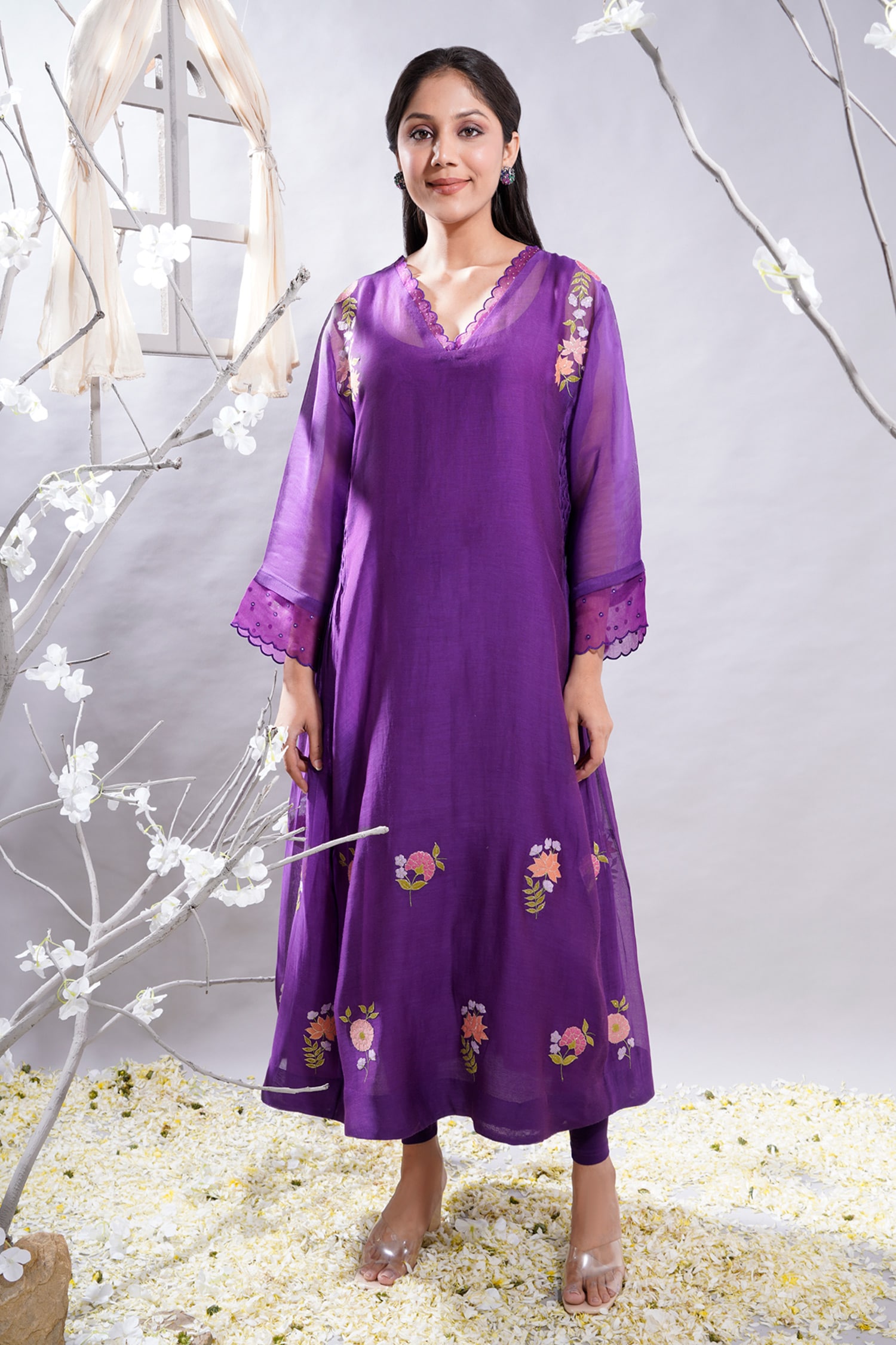 Buy Purple Kurta Chanderi (70 Cotton And 30 Mehrang & Leggings Set For Women by The White