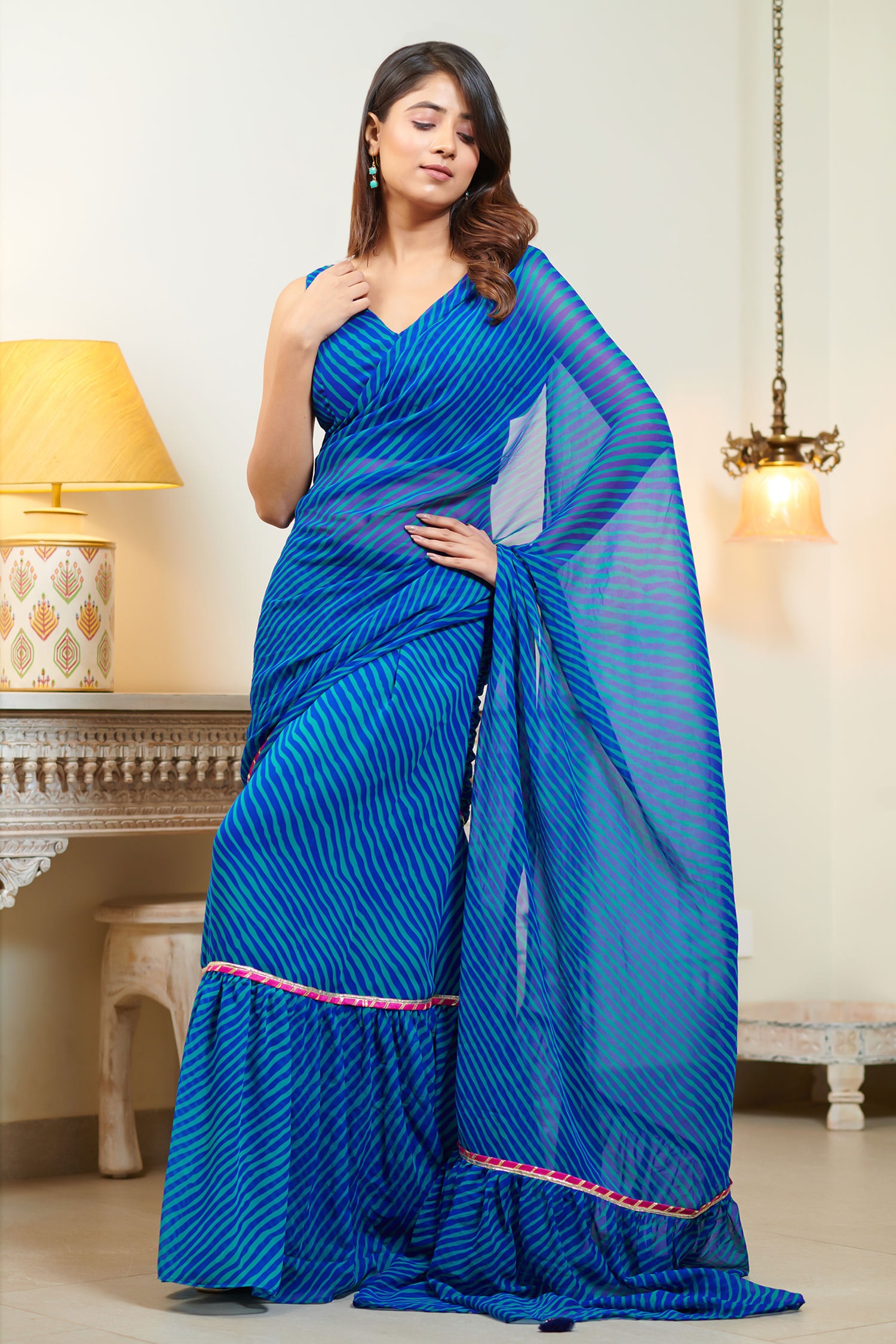 Embroidered Teal Blue Saree With Contrast Blouse