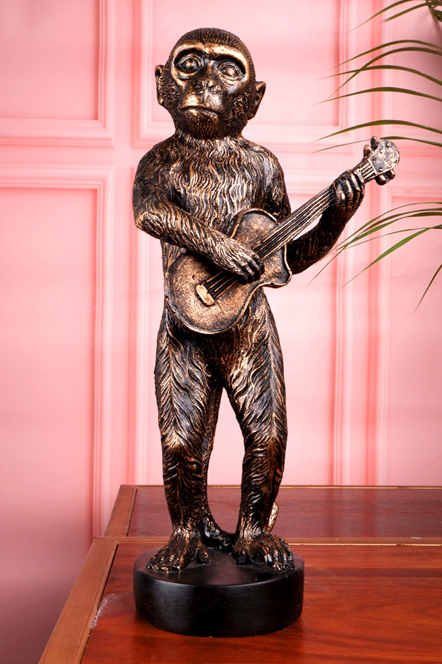 THE WHITE INK DECOR Gold Poly Resin Carved Musician Monkey Statue
