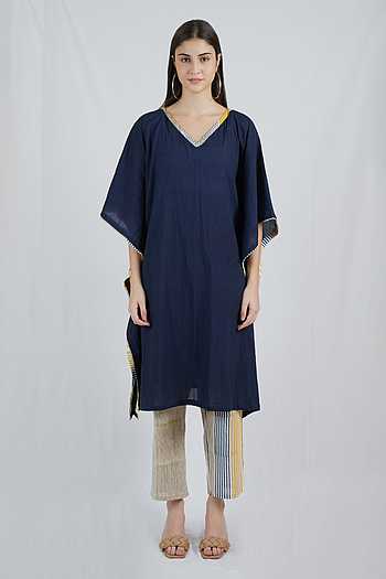 Blue - Hand Block Batik Print Cotton Medium Kaftan 44