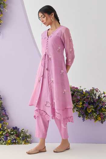 Rani pink FLORAL MUL CHANDERI kurta set main image 1