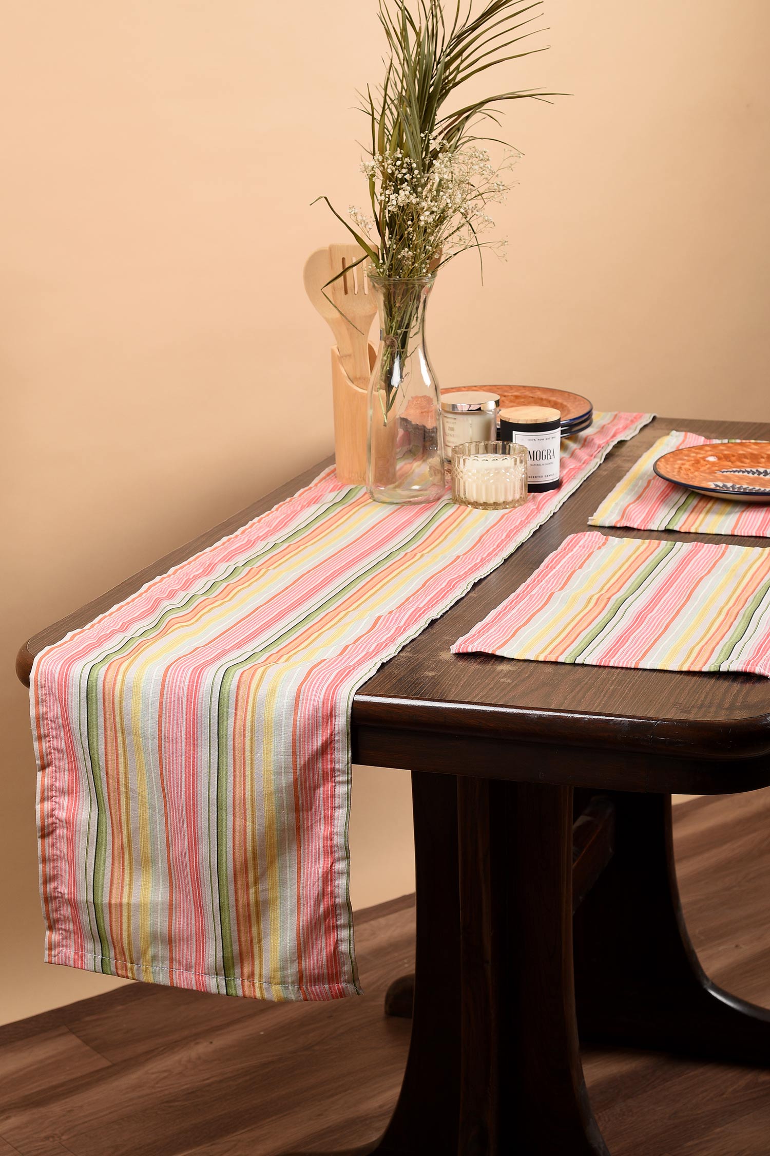 Buy Red 100 Cotton Fiesta Striped Runner And Placemats Set by Solasta Online at Aza Fashions.