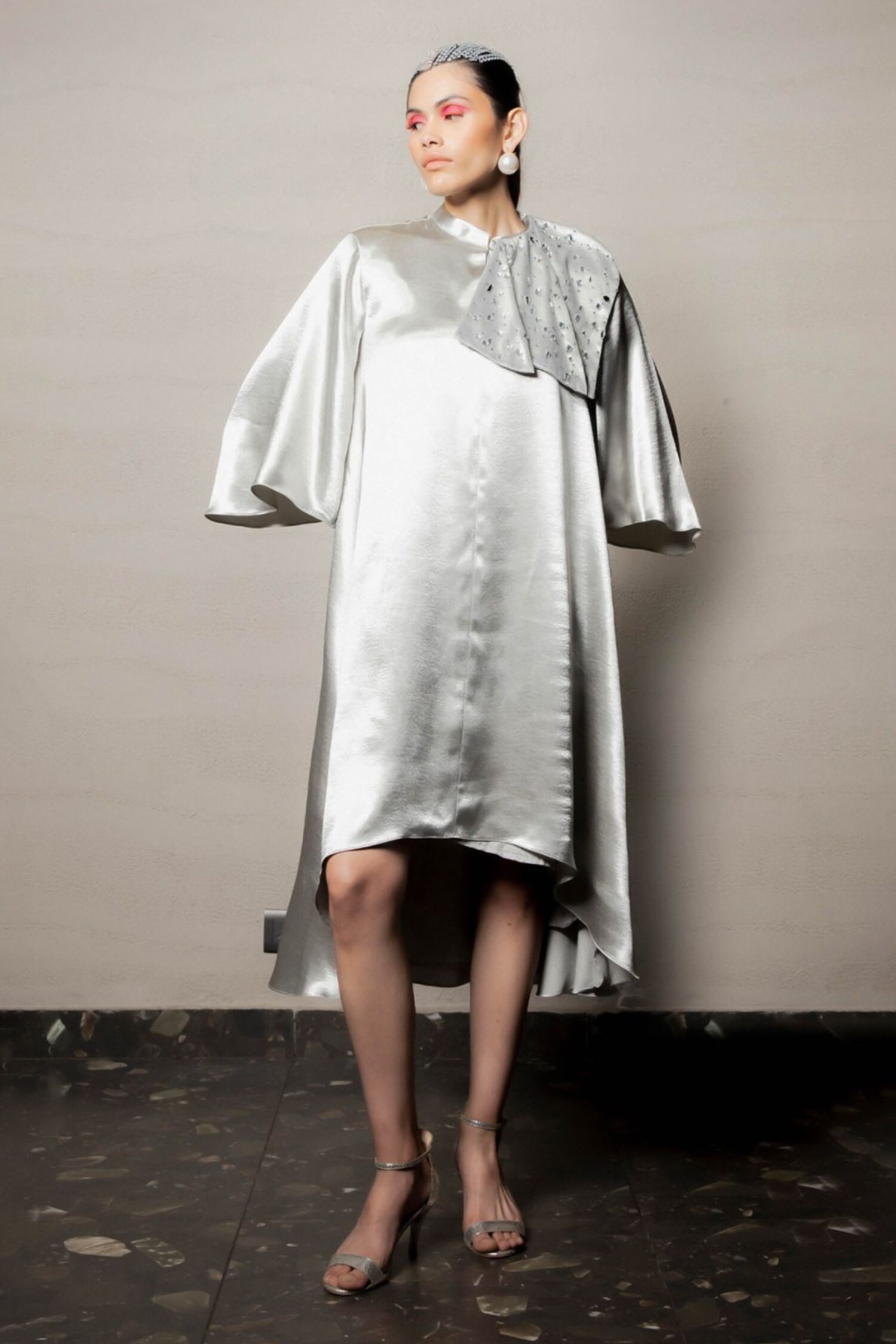 Buy Grey Satin Embroidery Stone Mandarin Collar Ludo Satan Jacket Dress ...